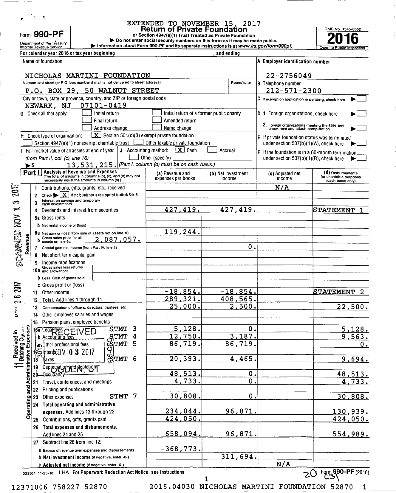 Image of first page of 2016 Form 990PF for Nicholas Martini Foundation