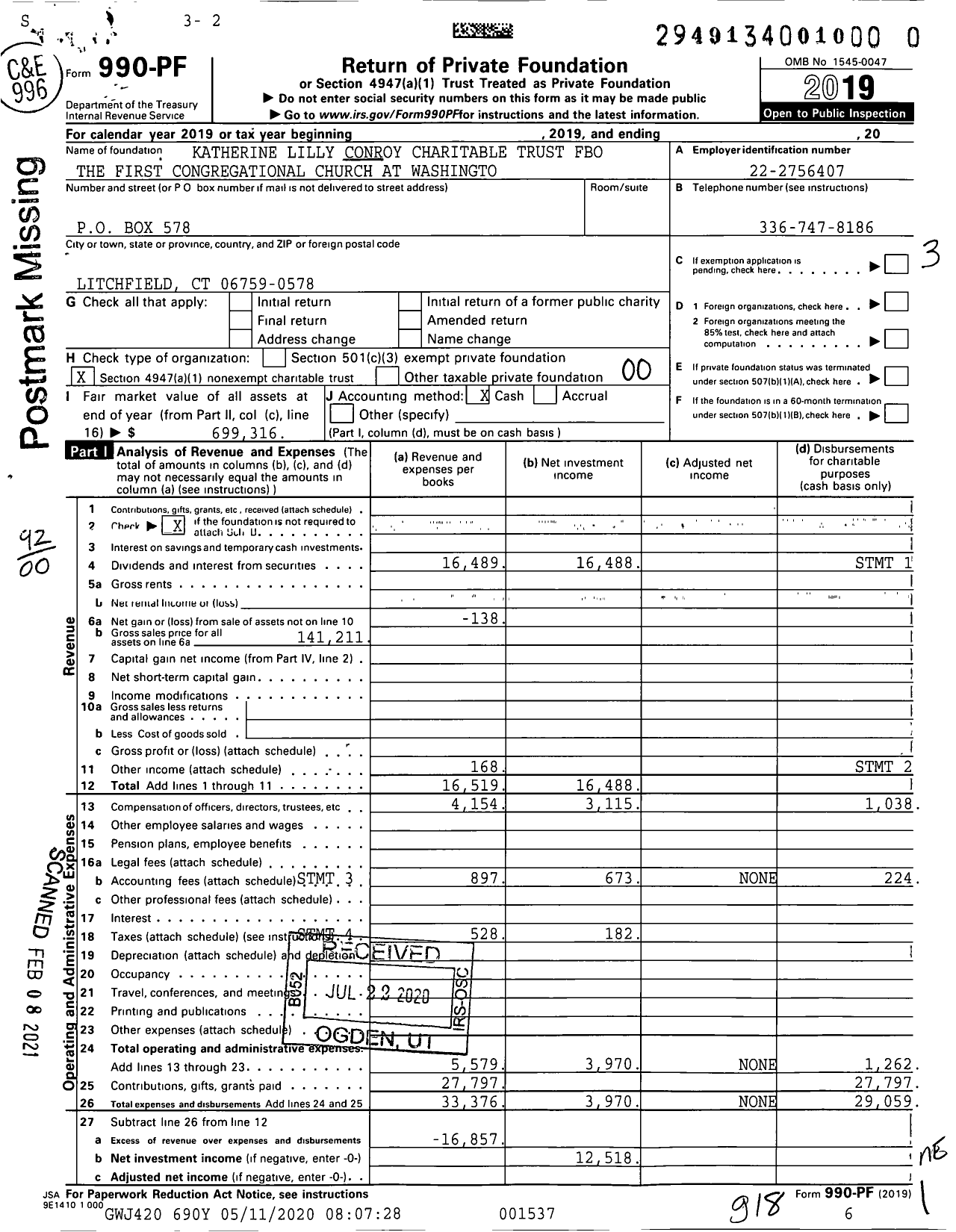 Image of first page of 2019 Form 990PF for Katherine Lilly Conroy Charitable Trust Fbo