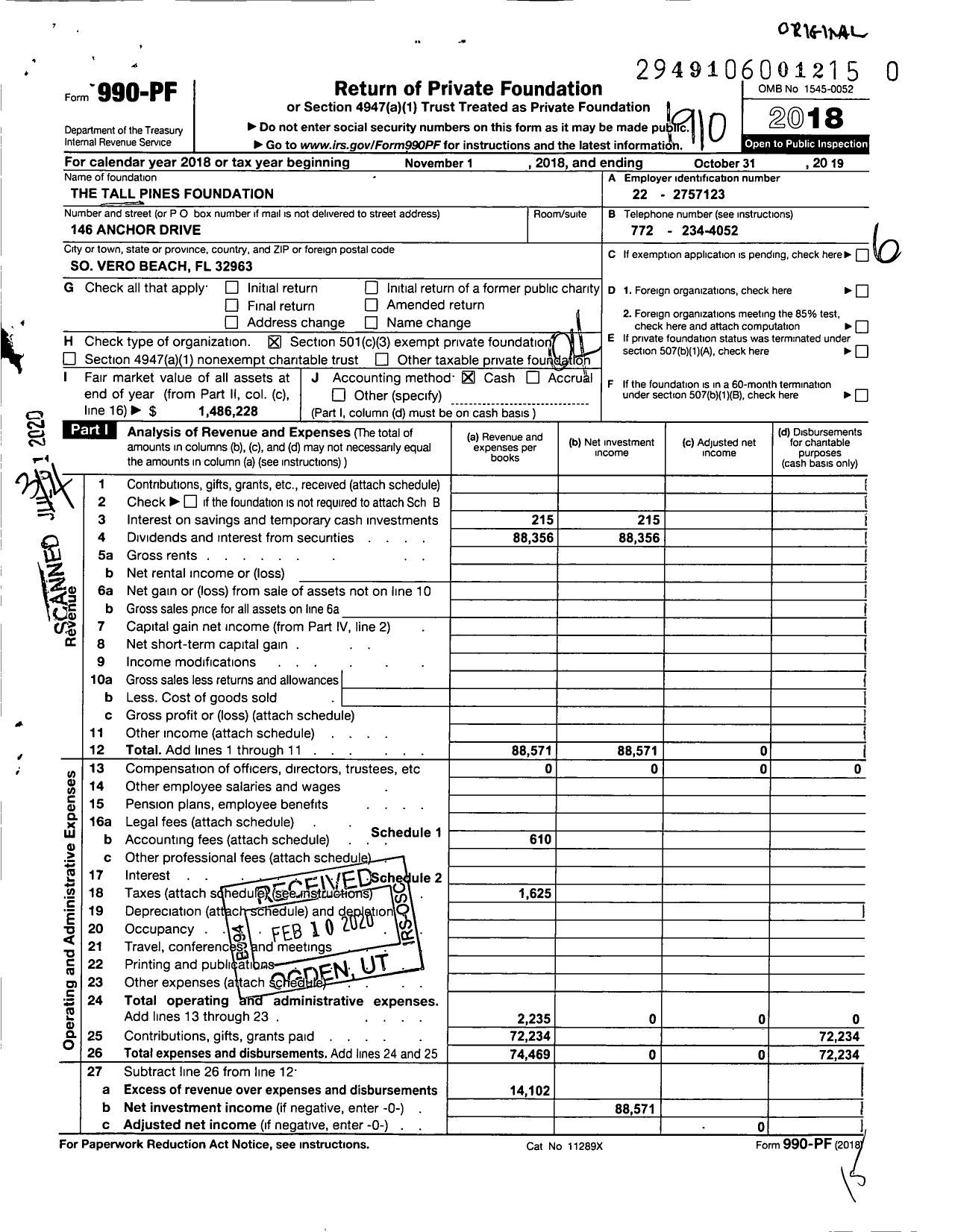 Image of first page of 2018 Form 990PR for Tall Pines Charitable Foundation