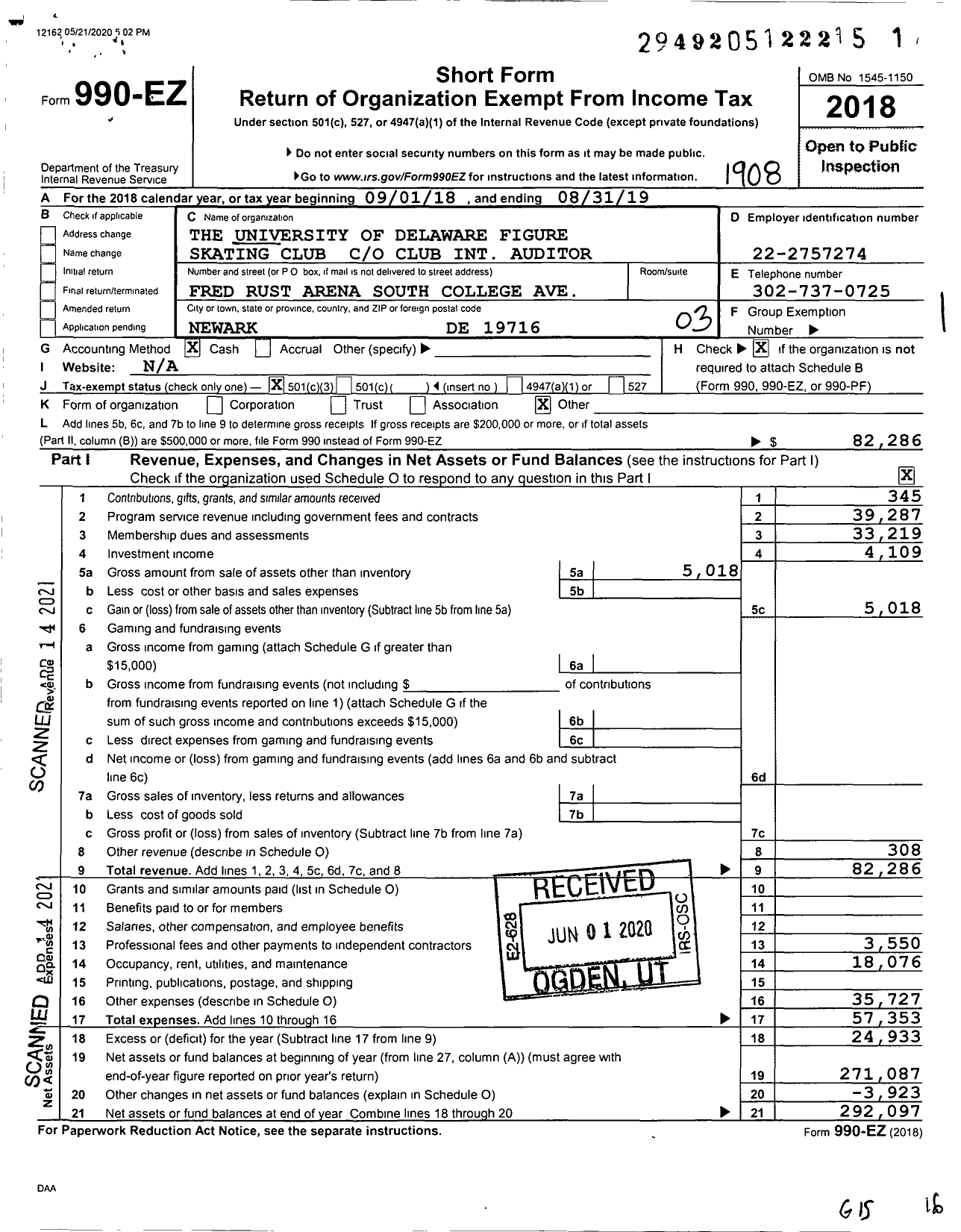 Image of first page of 2018 Form 990EZ for The University of Delaware Figure Skating Club