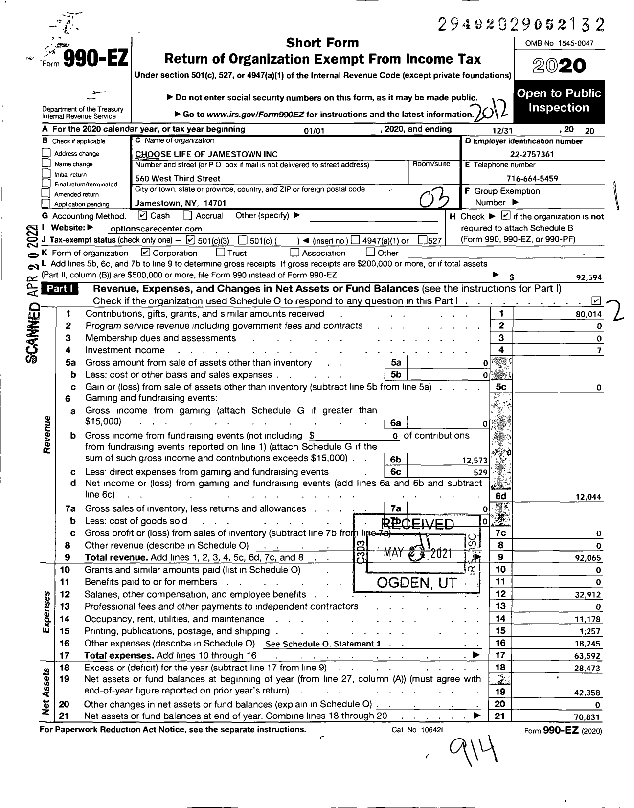 Image of first page of 2020 Form 990EZ for Choose Life of Jamestown