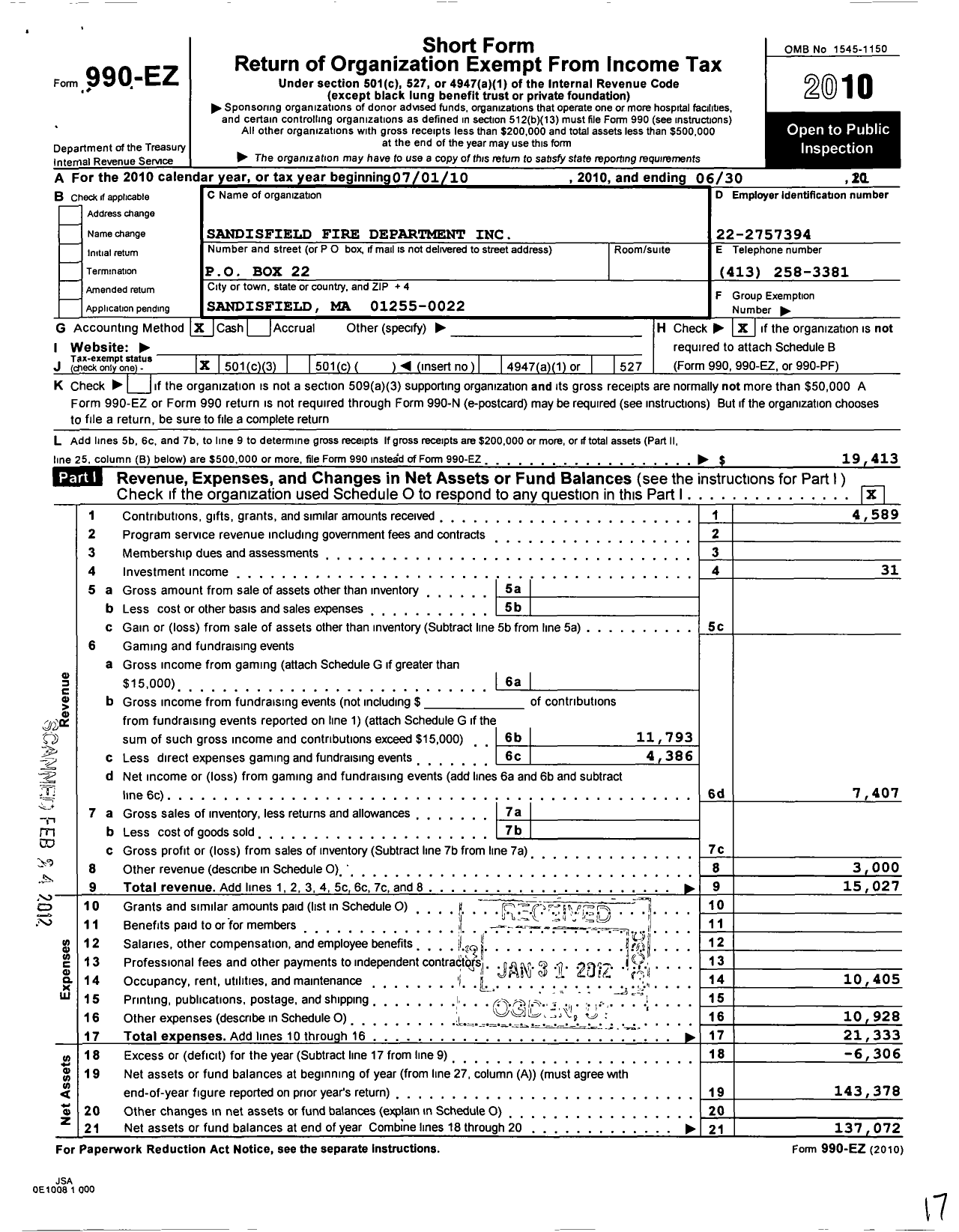 Image of first page of 2010 Form 990EZ for Sandisfield Fire Department