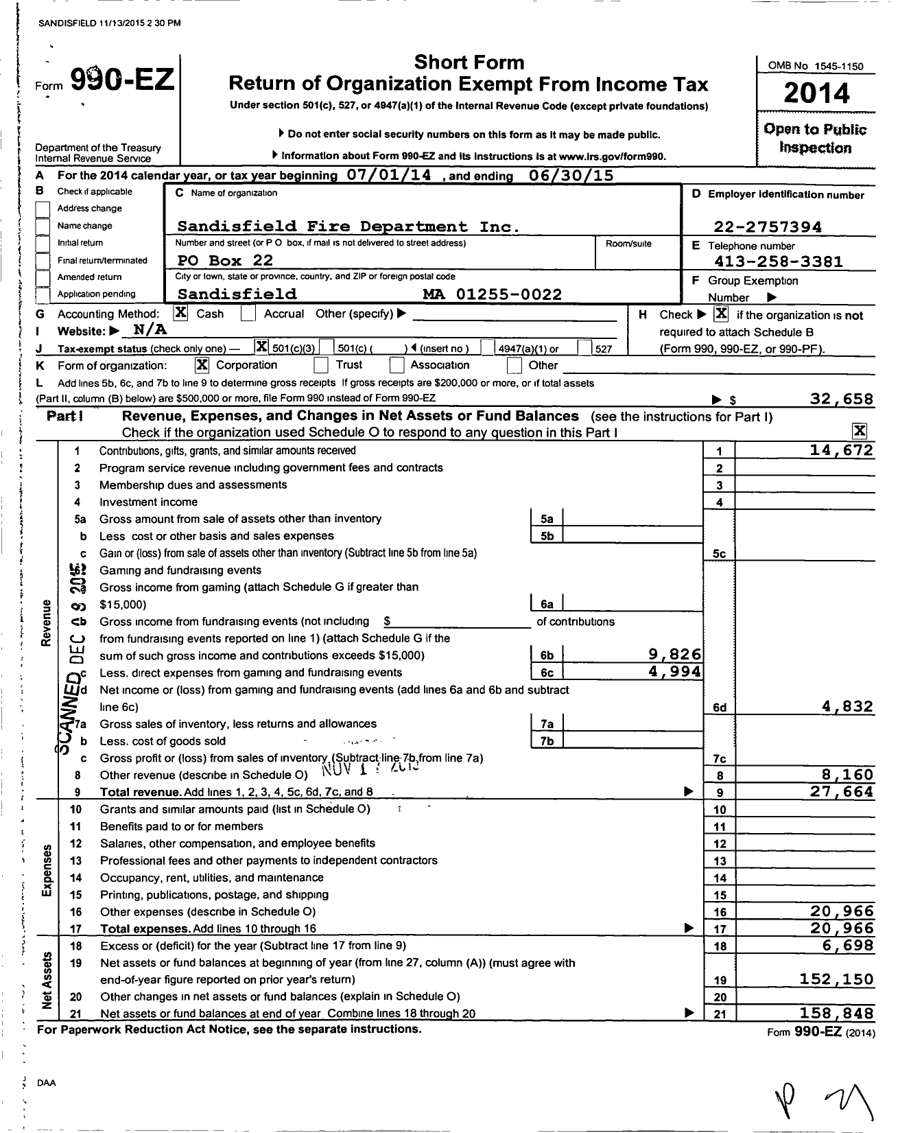 Image of first page of 2014 Form 990EZ for Sandisfield Fire Department