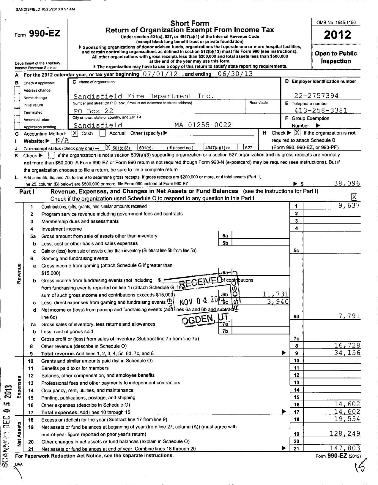 Image of first page of 2012 Form 990EZ for Sandisfield Fire Department