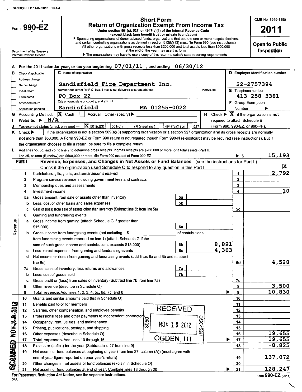 Image of first page of 2011 Form 990EZ for Sandisfield Fire Department