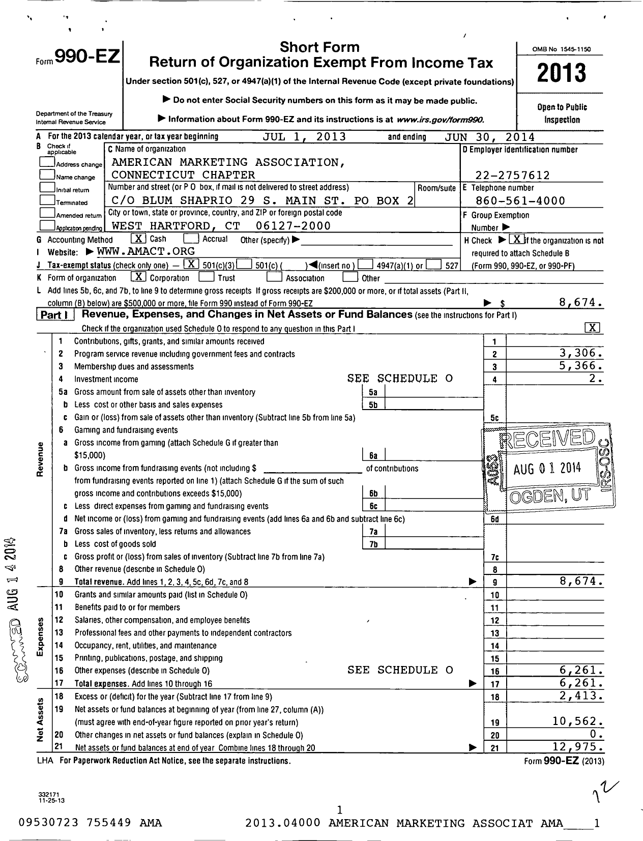 Image of first page of 2013 Form 990EZ for American Marketing Association / Connecticut Chapter