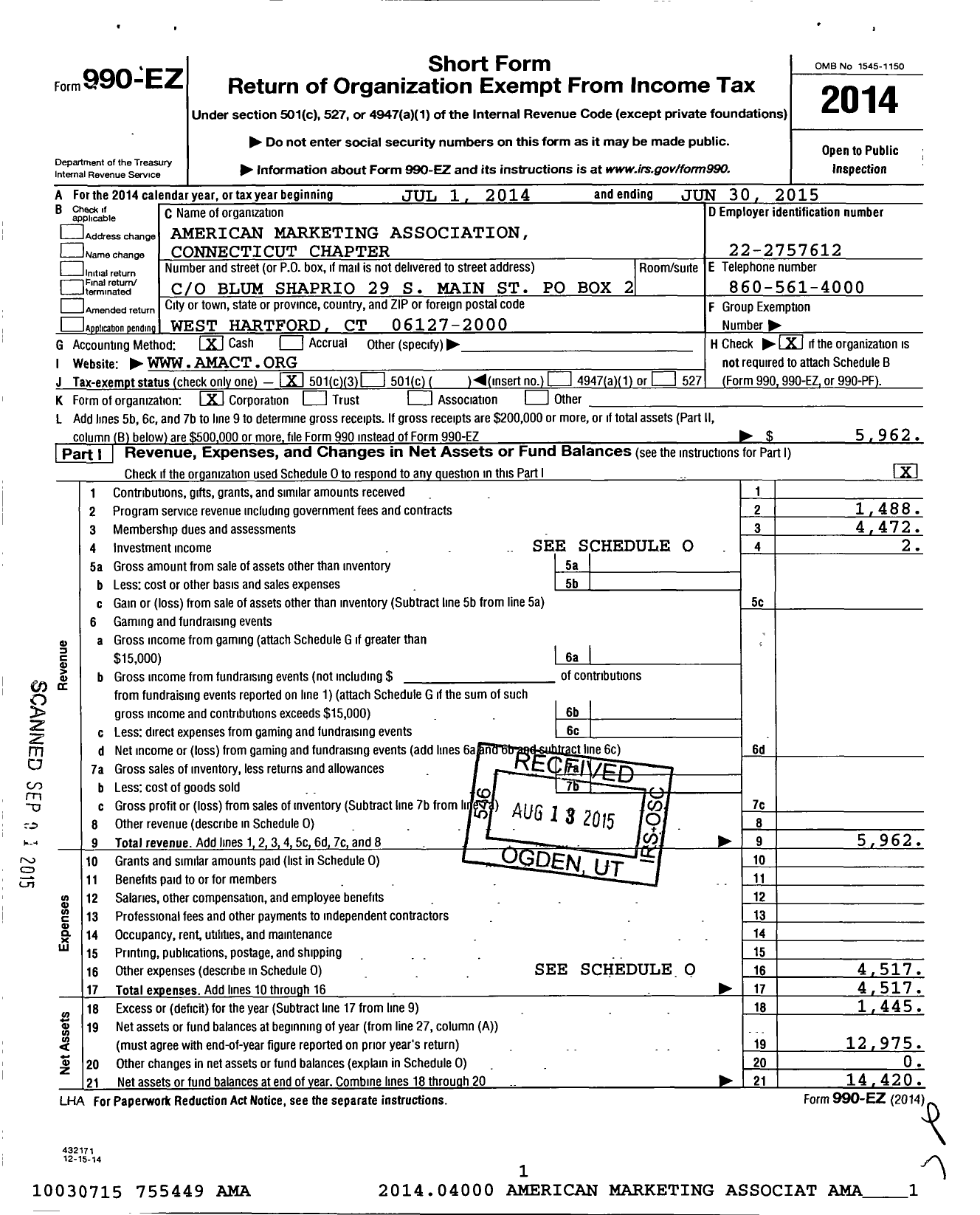 Image of first page of 2014 Form 990EZ for American Marketing Association / Connecticut Chapter