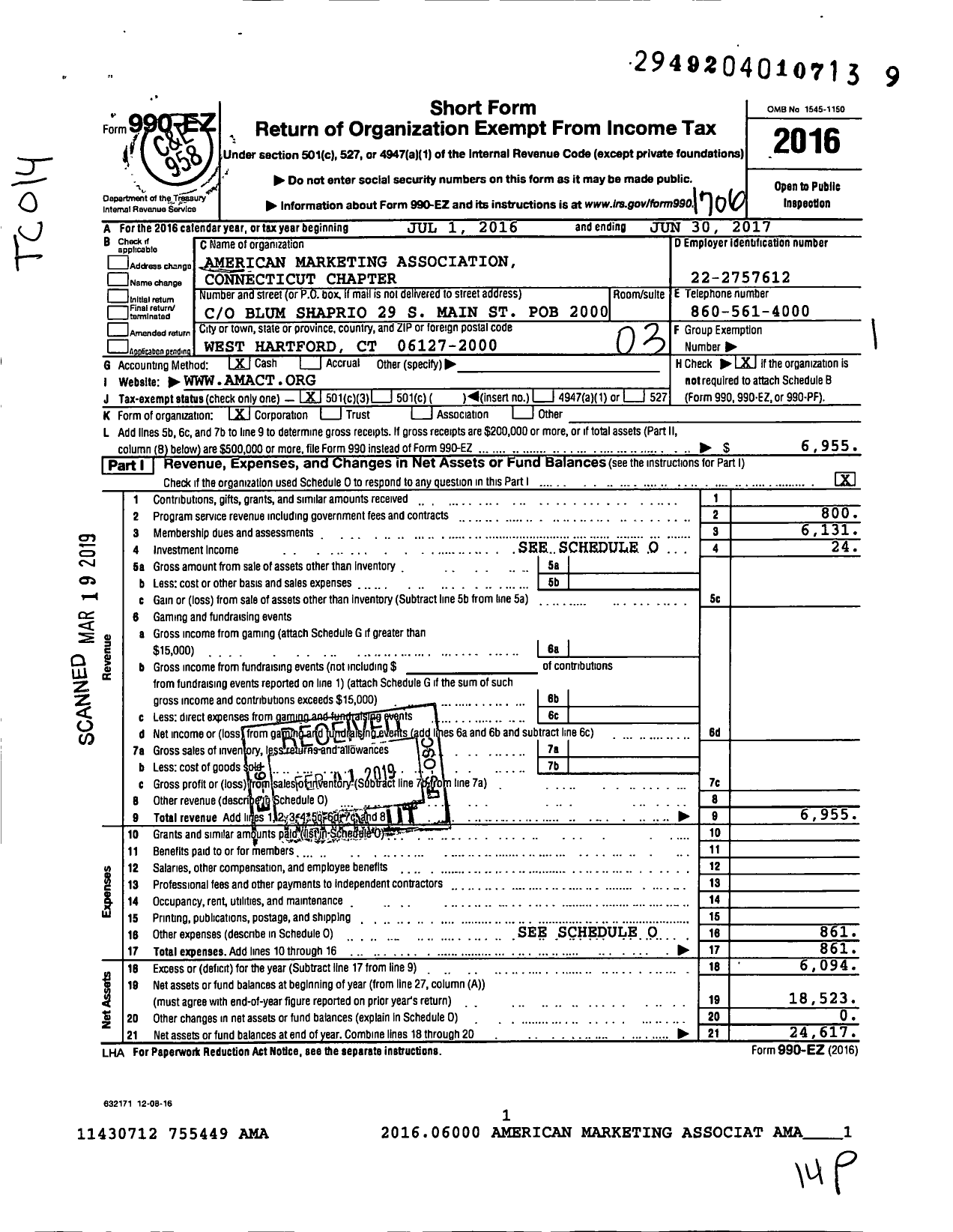 Image of first page of 2016 Form 990EZ for American Marketing Association / Connecticut Chapter