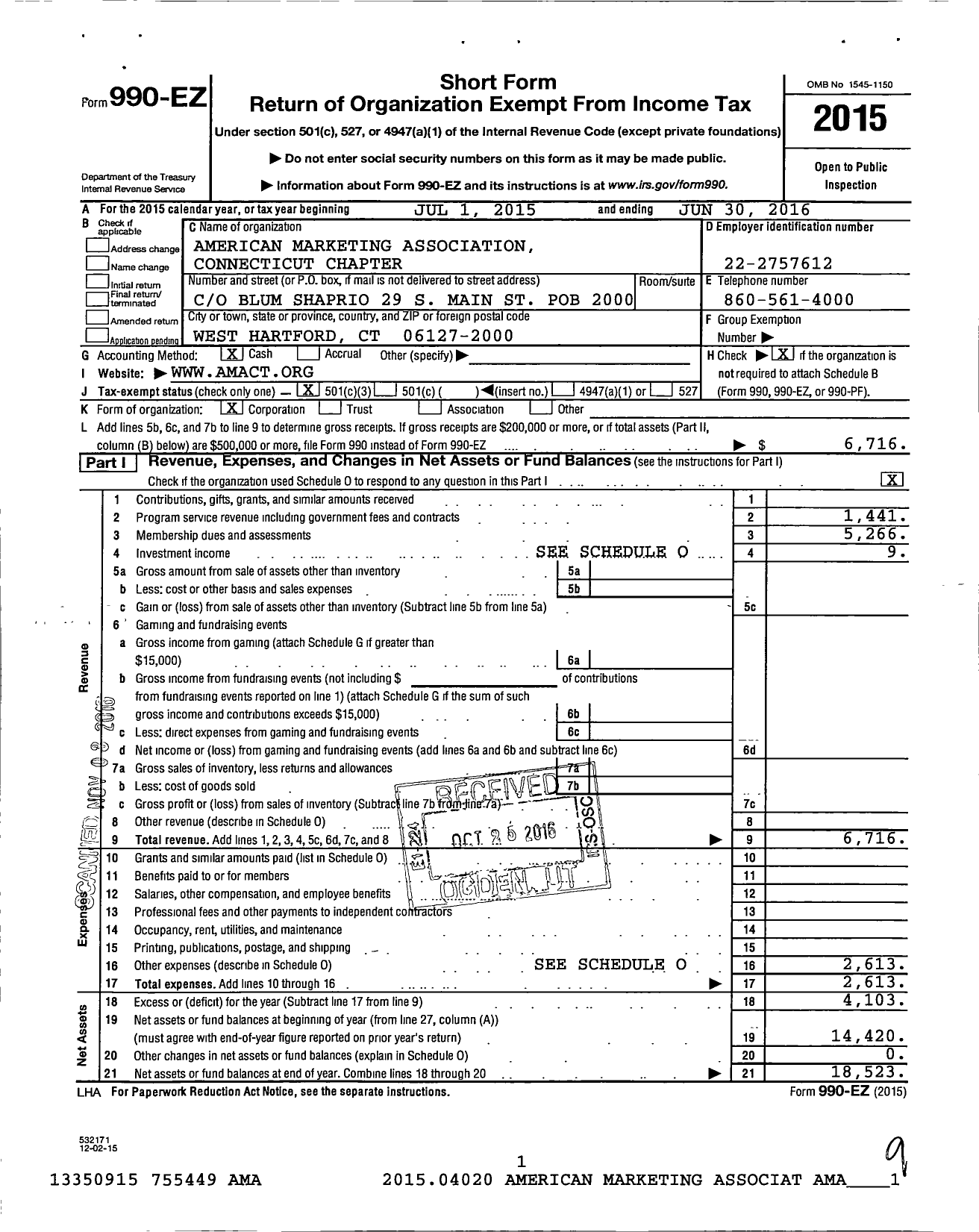 Image of first page of 2015 Form 990EZ for American Marketing Association / Connecticut Chapter