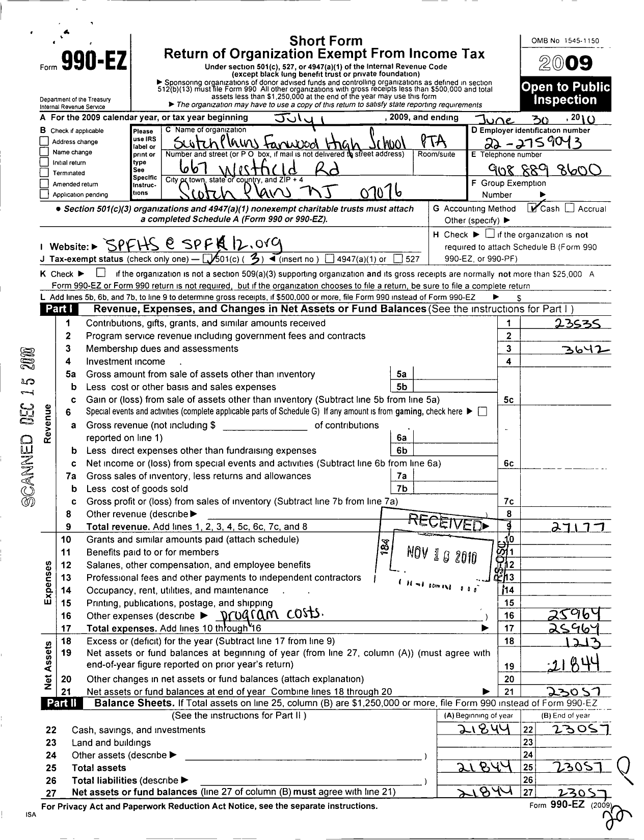 Image of first page of 2009 Form 990EZ for New Jersey PTA - 18492 Scotch Plains-Fanwood PTA