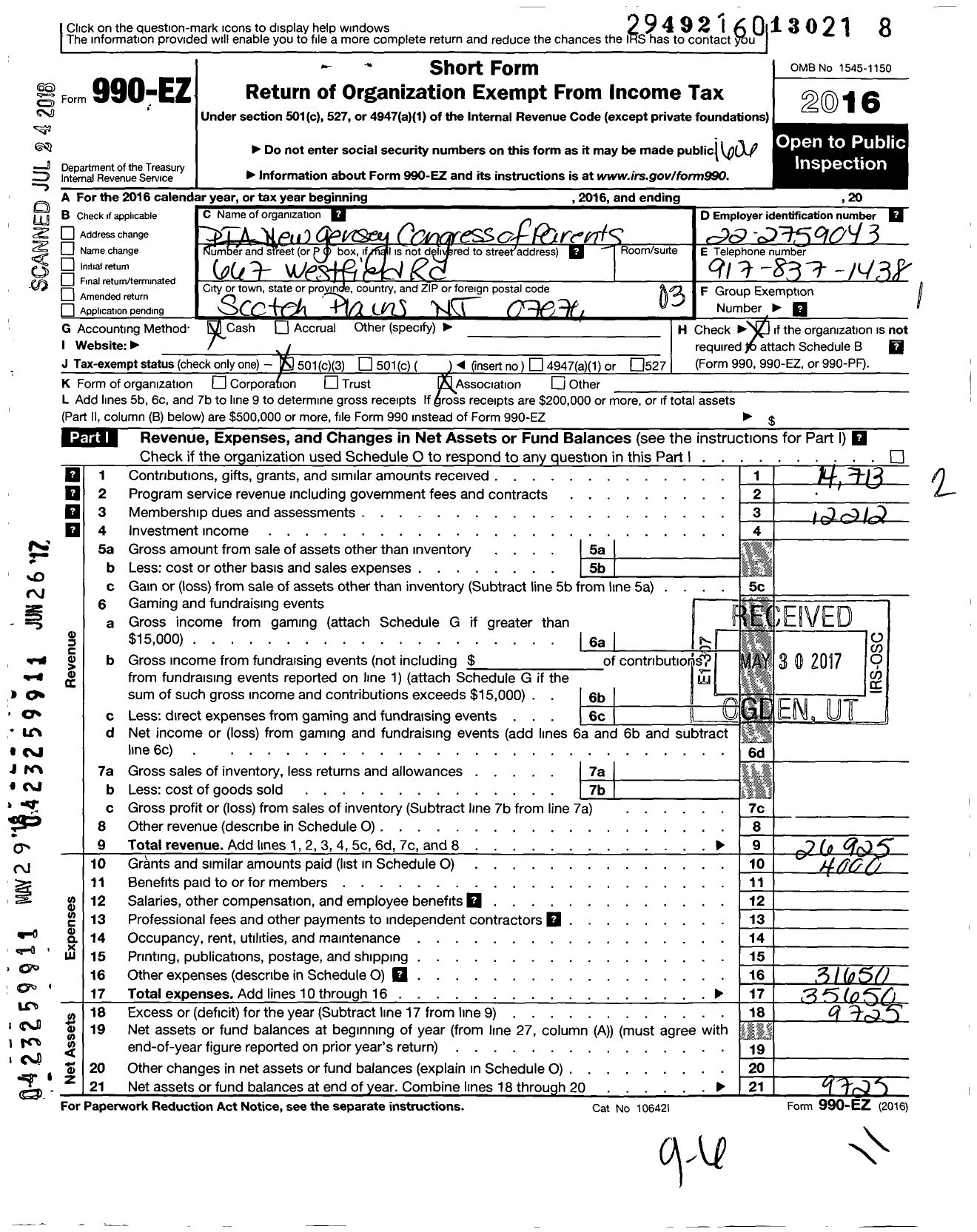 Image of first page of 2015 Form 990EZ for New Jersey PTA - 18492 Scotch Plains-Fanwood PTA