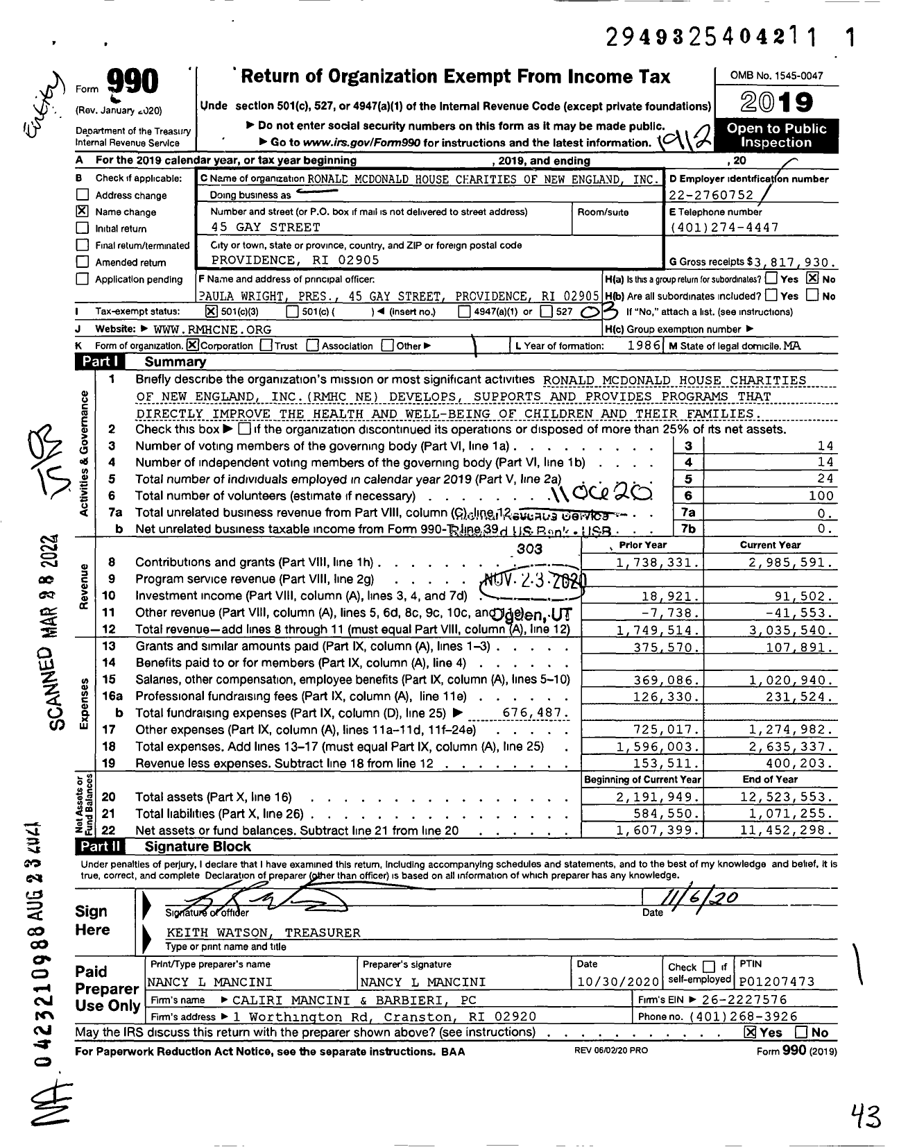 Image of first page of 2019 Form 990 for Ronald Mcdonald House Charities of New England