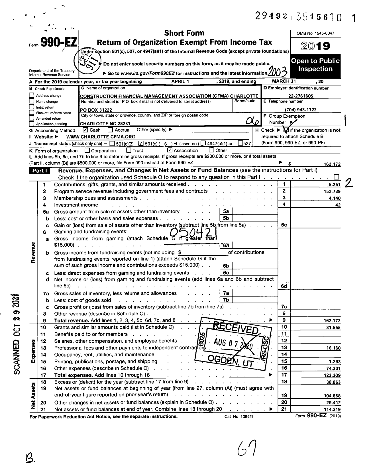 Image of first page of 2019 Form 990EO for Construction Financial Management Association / Cfma Charlotte Chapter