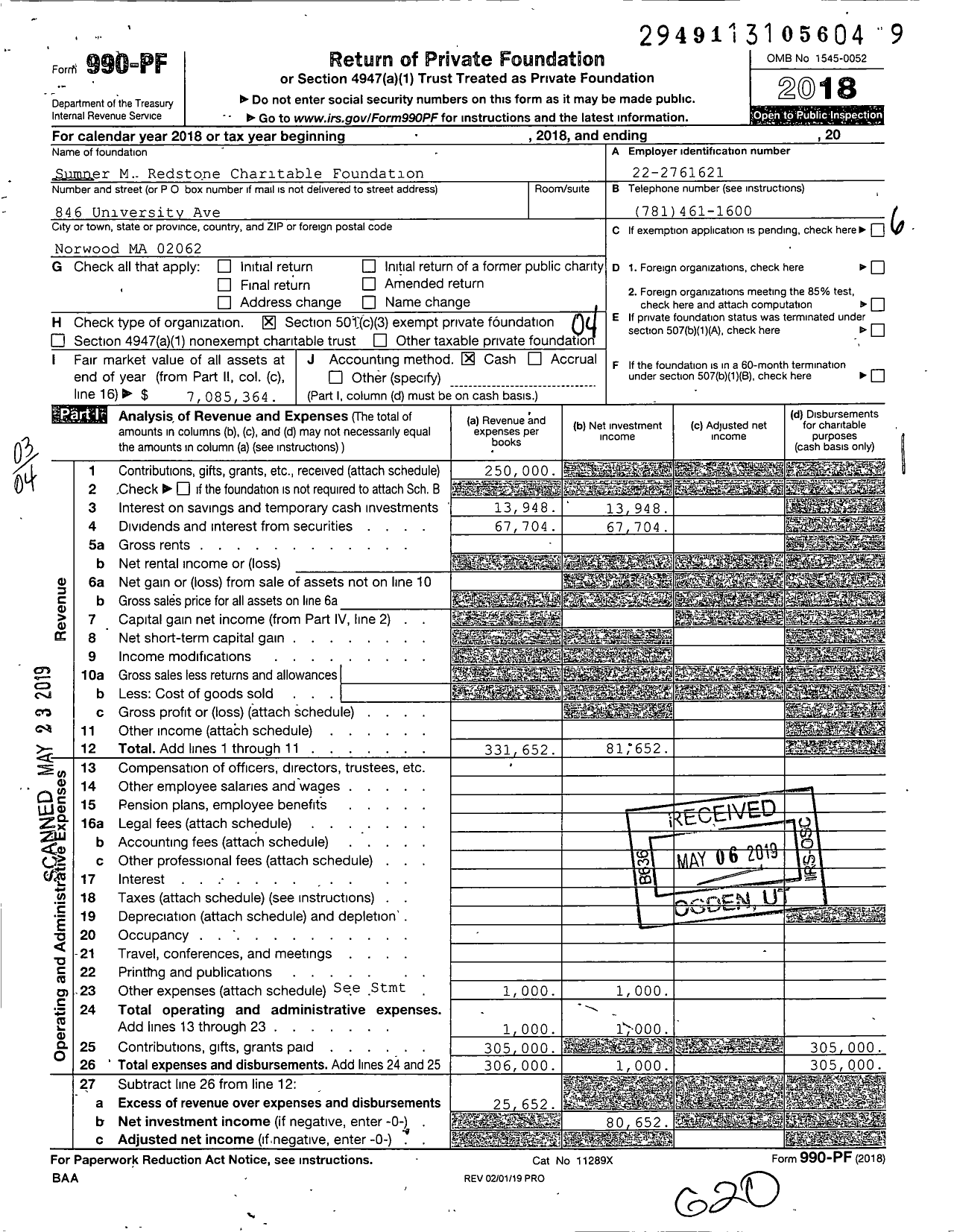 Image of first page of 2018 Form 990PF for Sumner M Redstone Charitable Foundation