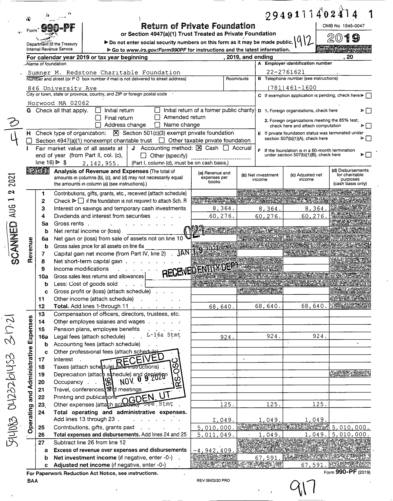 Image of first page of 2019 Form 990PF for Sumner M Redstone Charitable Foundation