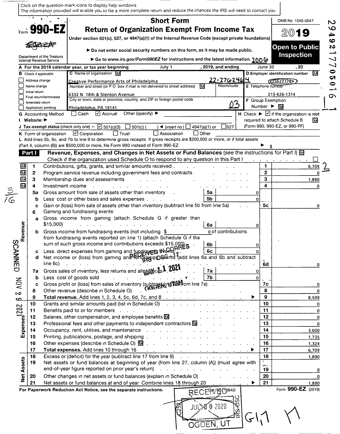 Image of first page of 2019 Form 990EZ for Creative Performance Arts of Philadelphia