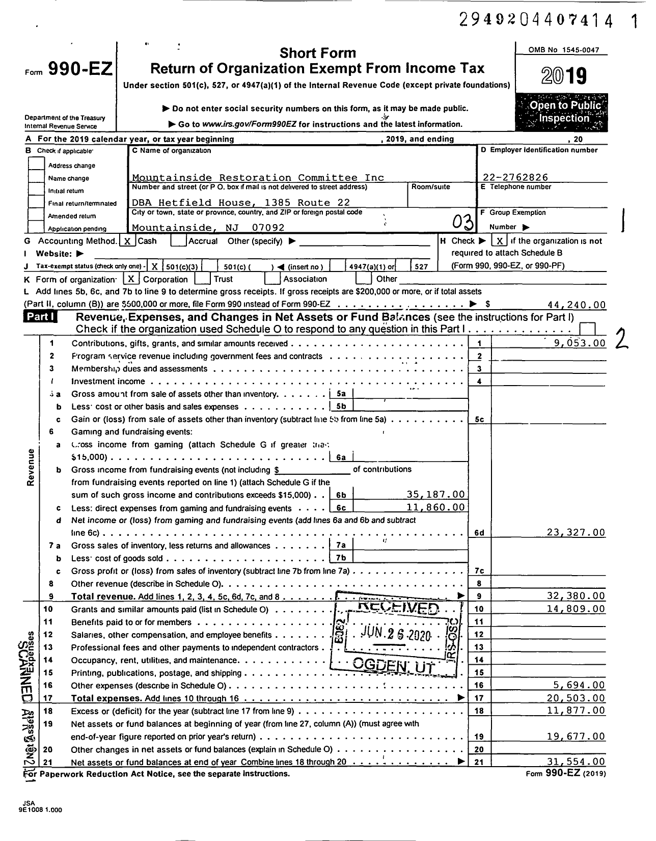 Image of first page of 2019 Form 990EZ for Hetfield House