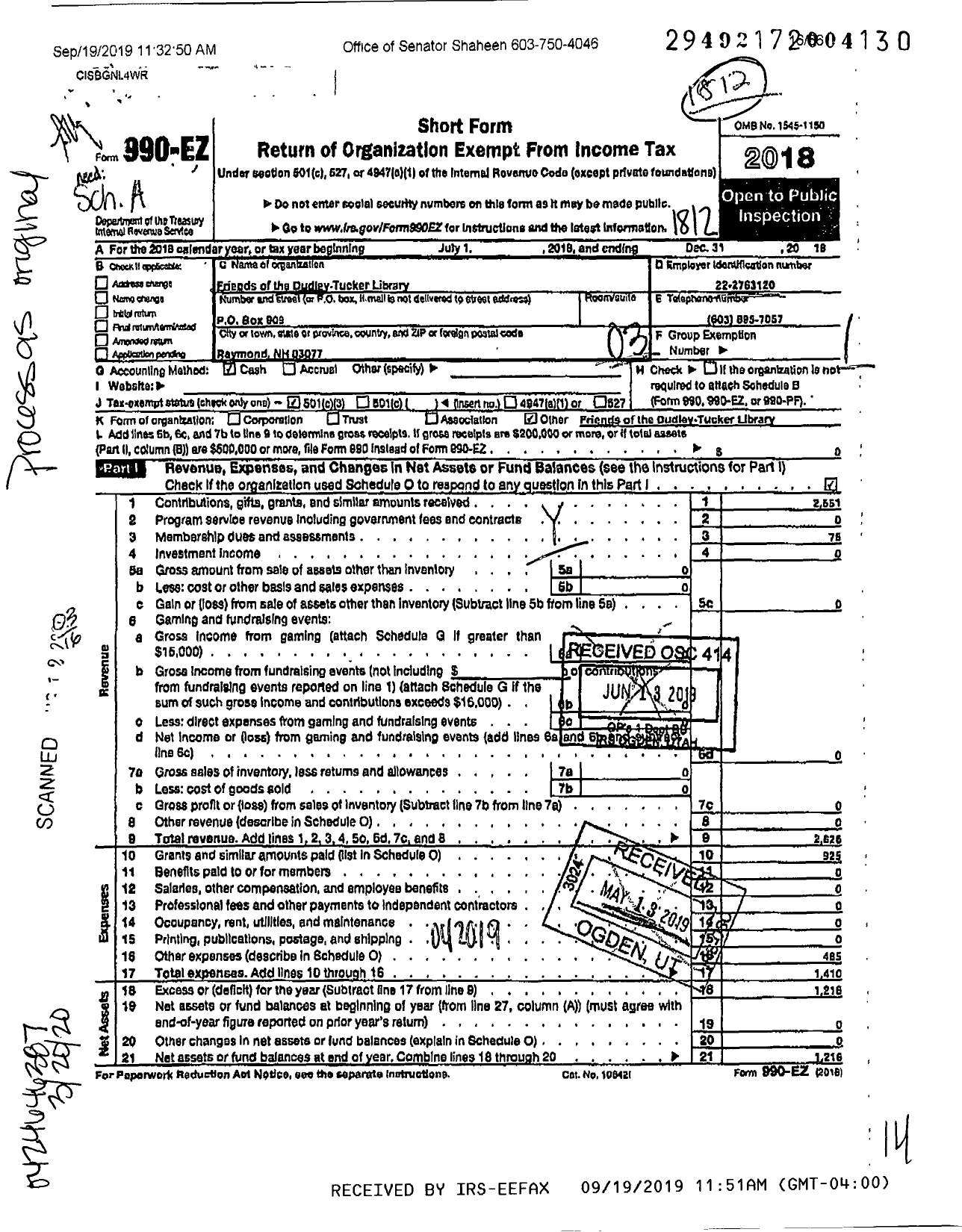 Image of first page of 2018 Form 990EZ for Friends of the Dudley Tucker Library