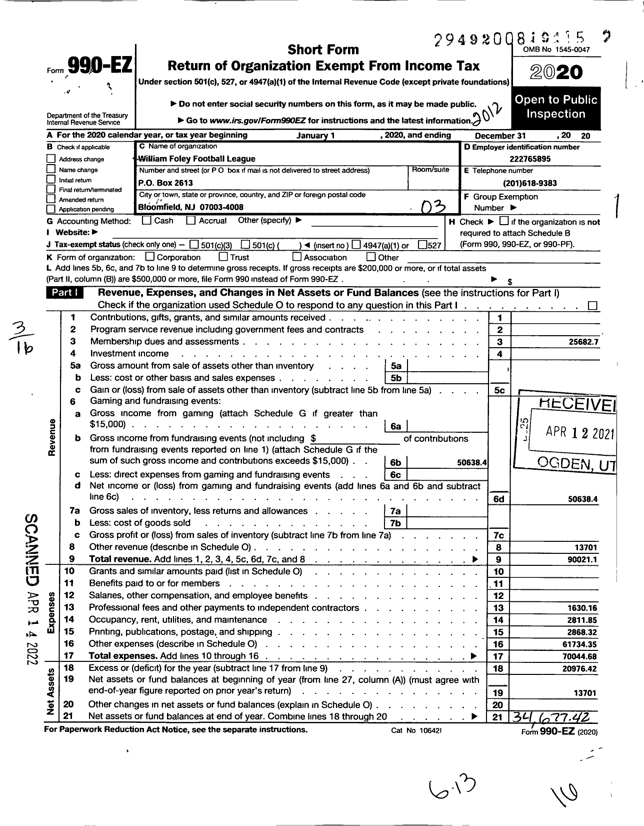 Image of first page of 2020 Form 990EZ for William Foley Football League