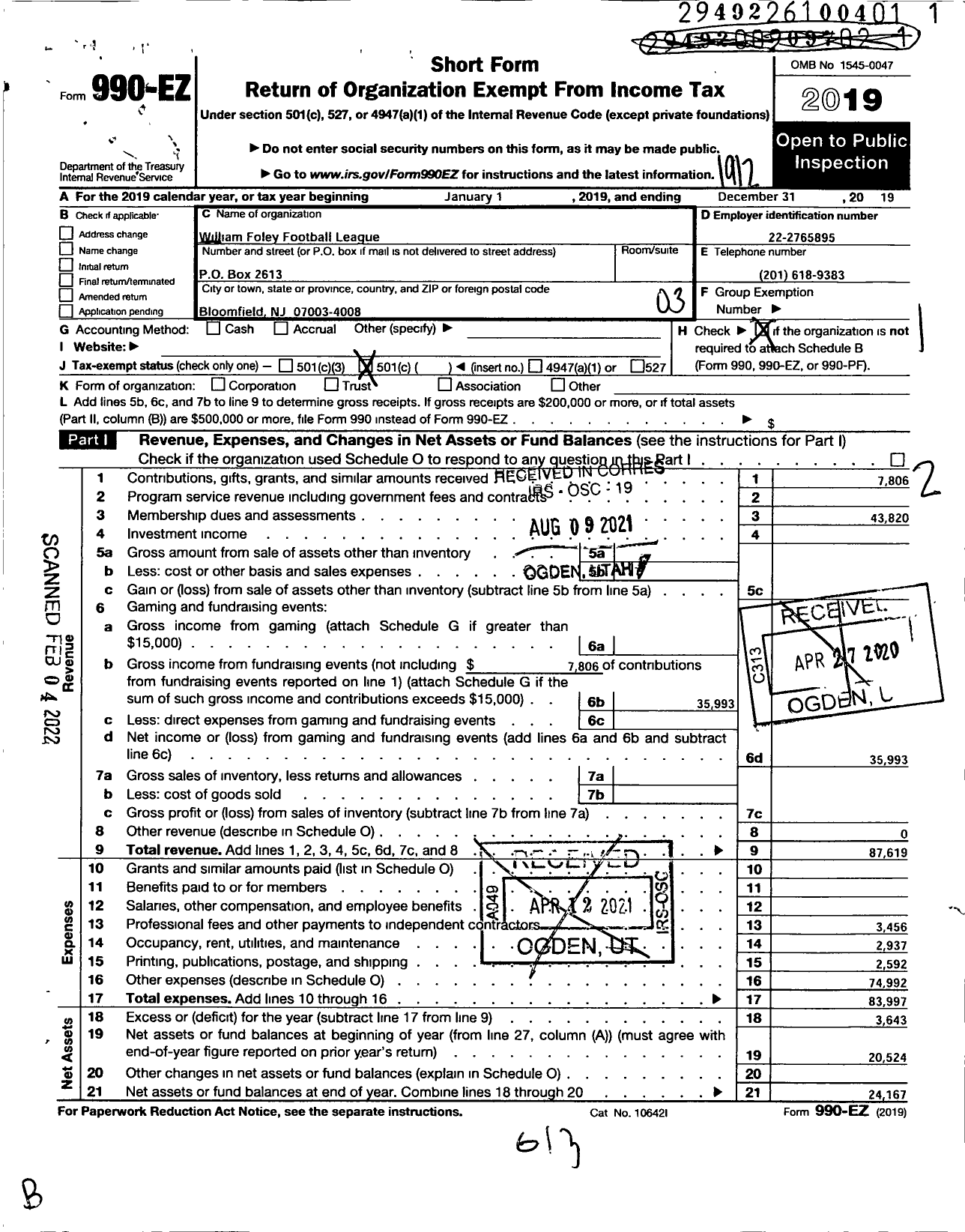 Image of first page of 2019 Form 990EZ for William Foley Football League