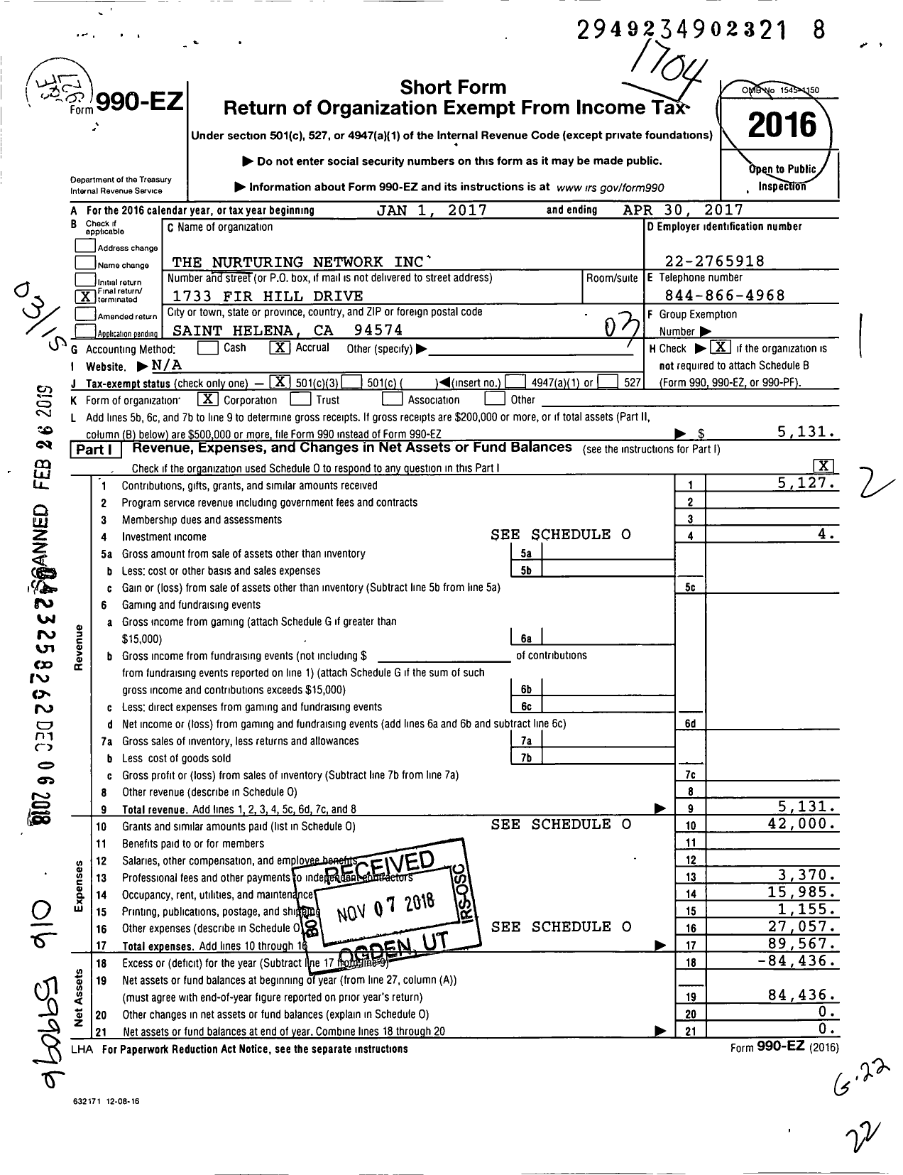 Image of first page of 2016 Form 990EZ for The Nurturing Network