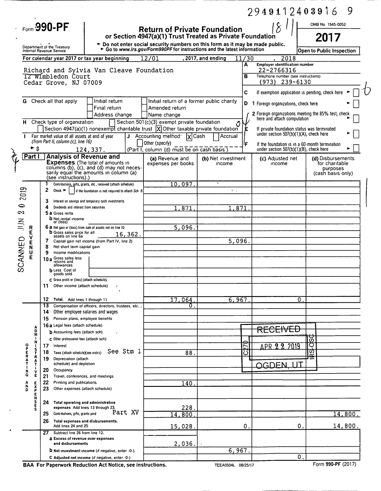 Image of first page of 2017 Form 990PF for Richard and Sylvia Van Cleave Foundation