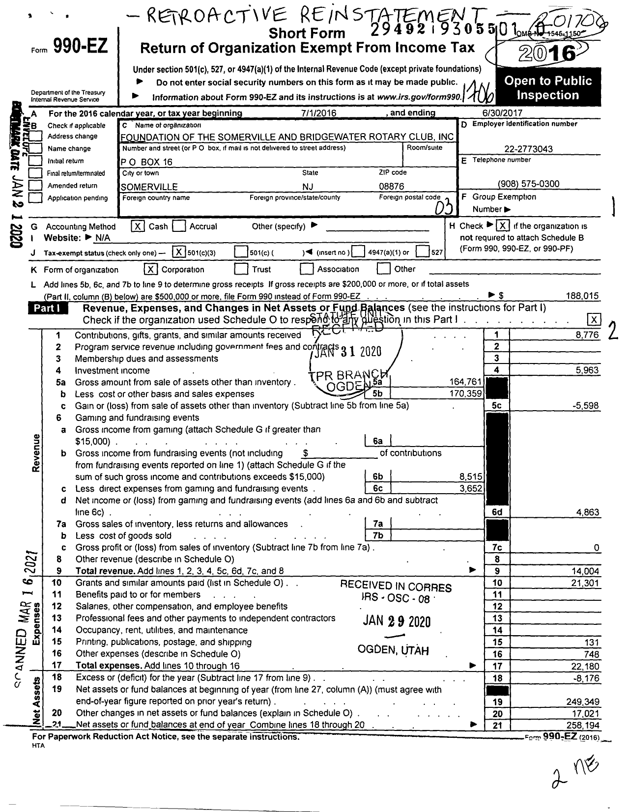 Image of first page of 2016 Form 990EZ for Foundation of the Somerville and Bridgewater Rotary Club