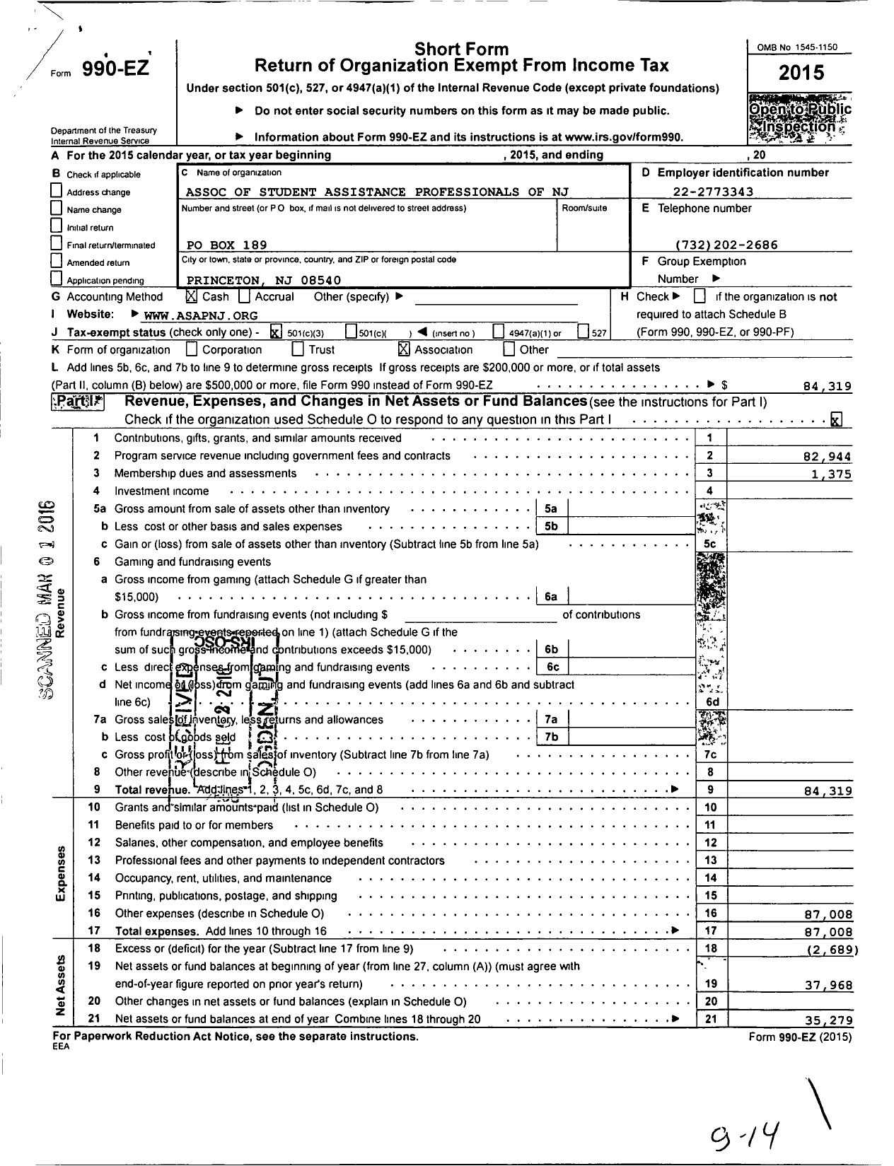 Image of first page of 2015 Form 990EZ for Association of Student Assistance Professionals of New Jersey