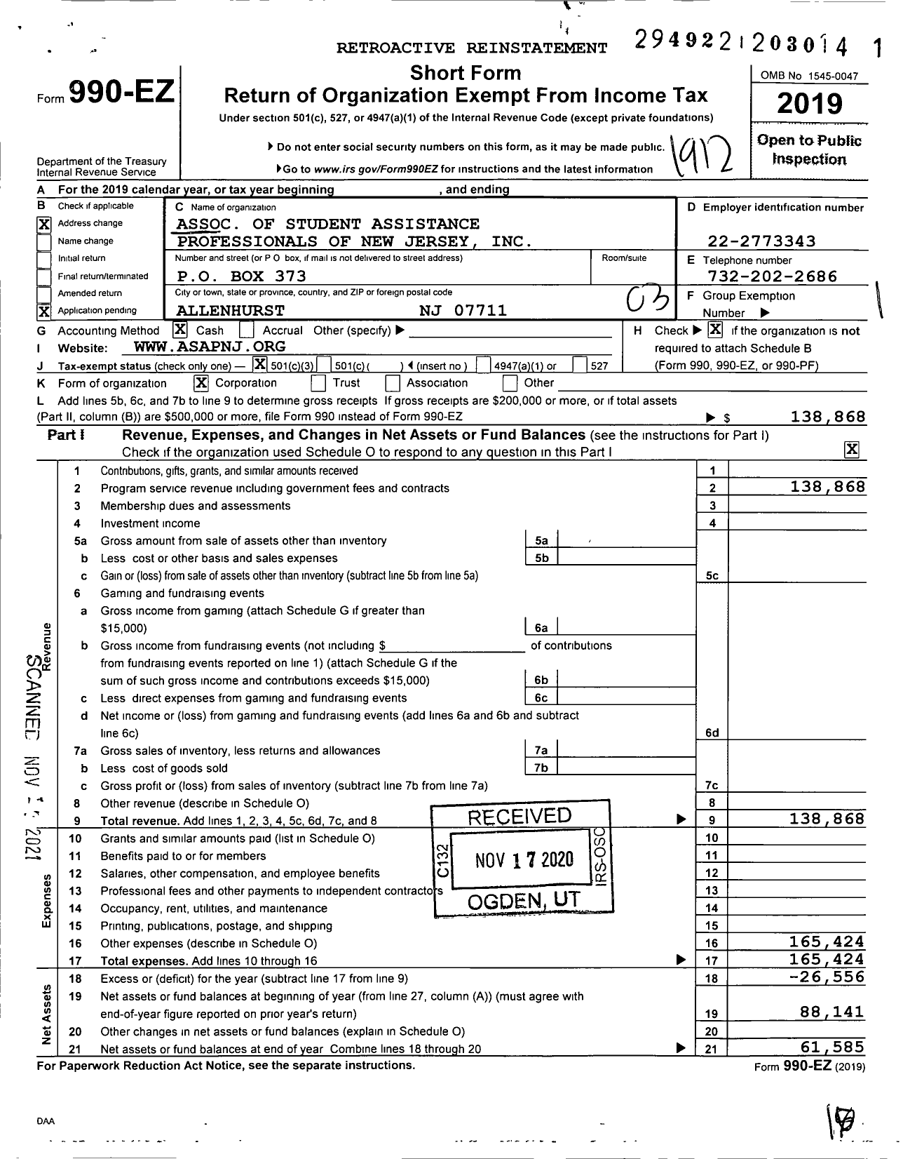 Image of first page of 2019 Form 990EZ for Association of Student Assistance Professionals of New Jersey