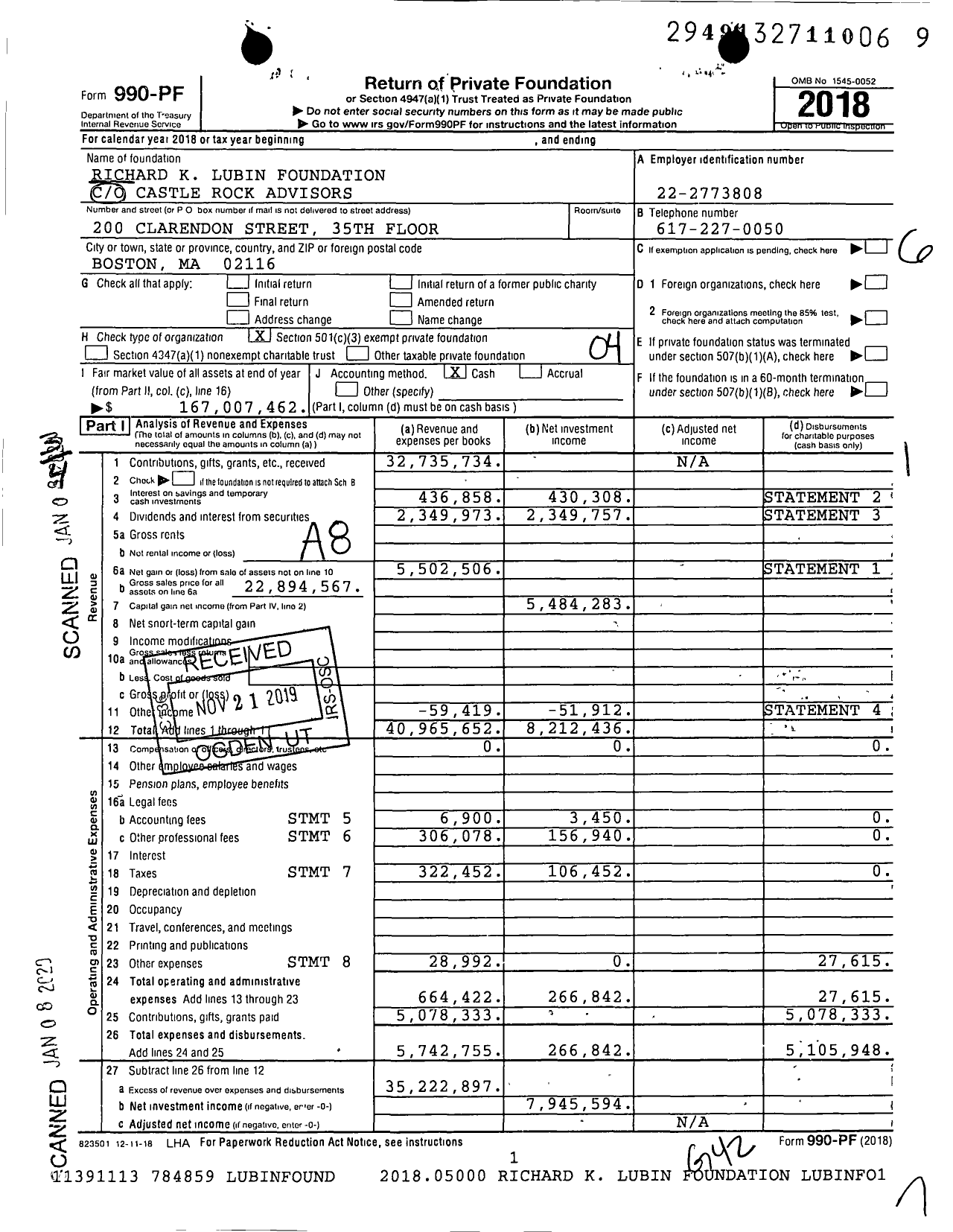 Image of first page of 2018 Form 990PF for Richard K Lubin Family Foundation