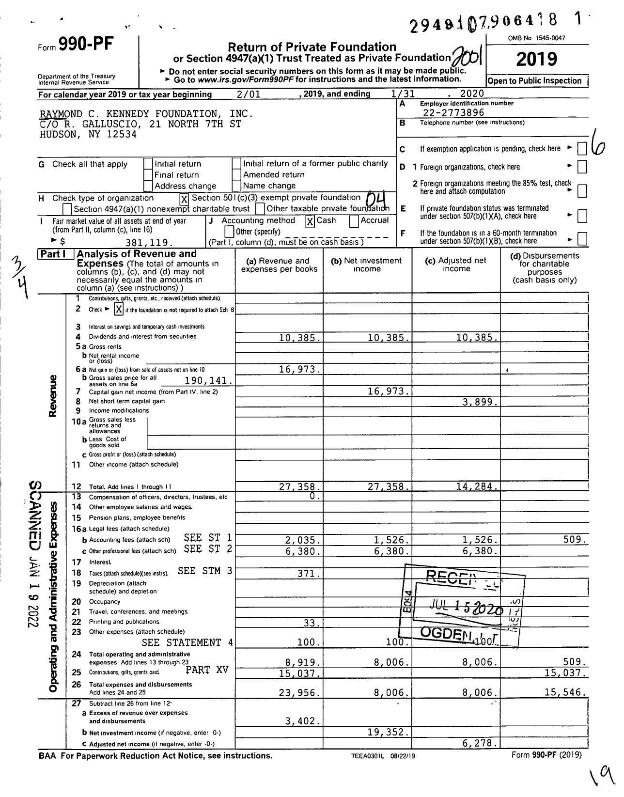 Image of first page of 2019 Form 990PF for Raymond C Kennedy Foundation