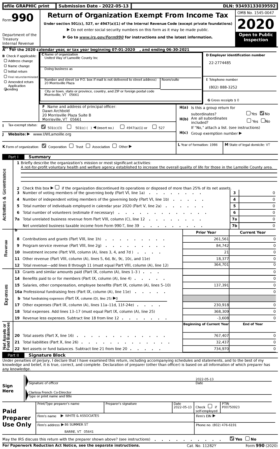 Image of first page of 2020 Form 990 for United Way of Lamoille County
