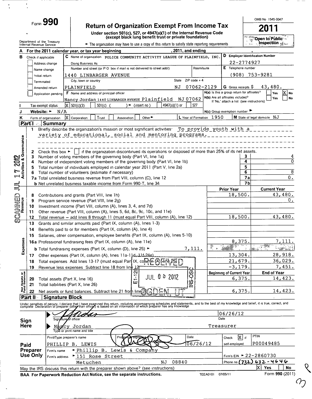 Image of first page of 2011 Form 990 for Police Community Activity League of Plainfield