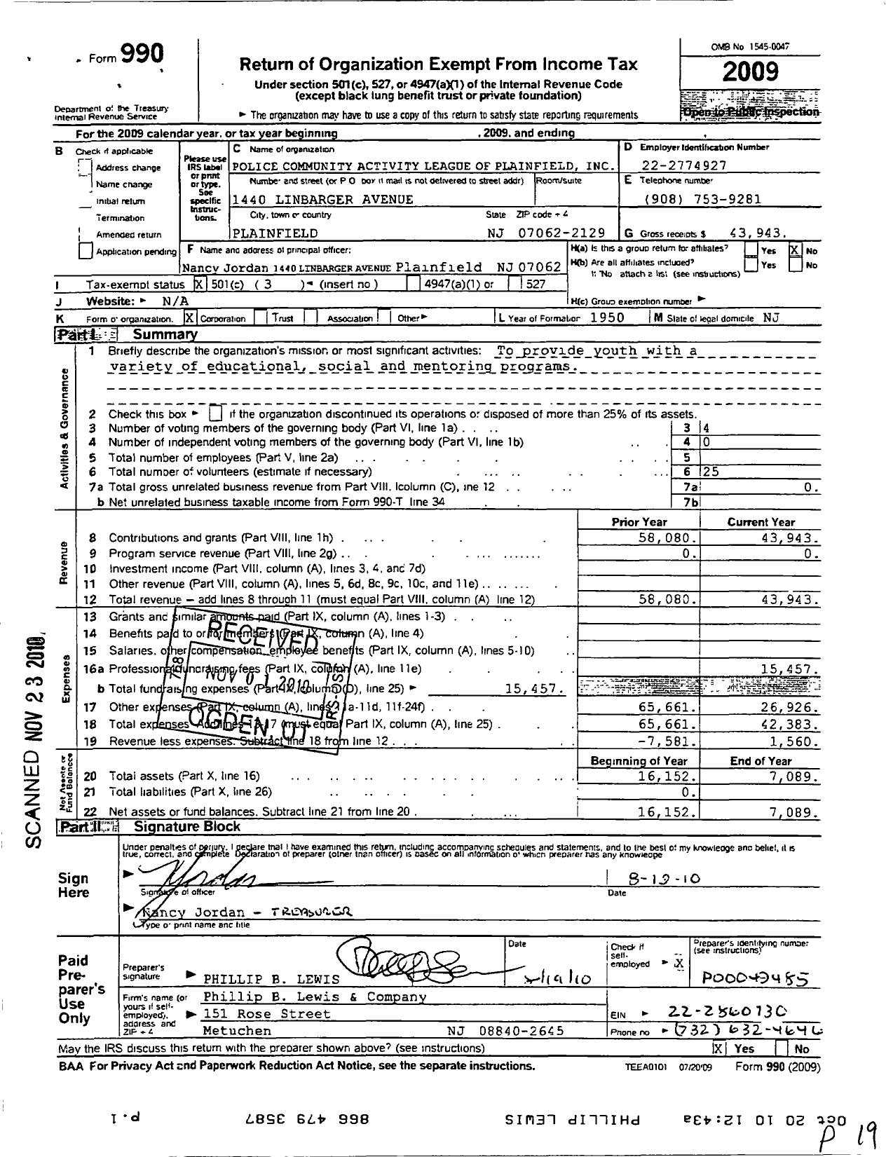 Image of first page of 2009 Form 990 for Police Community Activity League of Plainfield