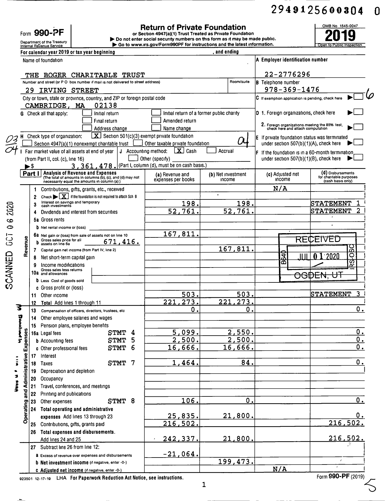 Image of first page of 2019 Form 990PR for The Boger Charitable Trust