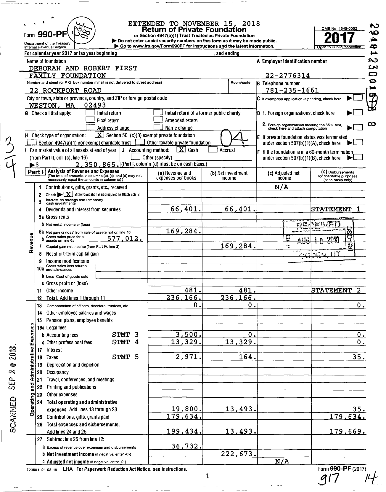 Image of first page of 2017 Form 990PF for Deborah and Robert First Family Foundation