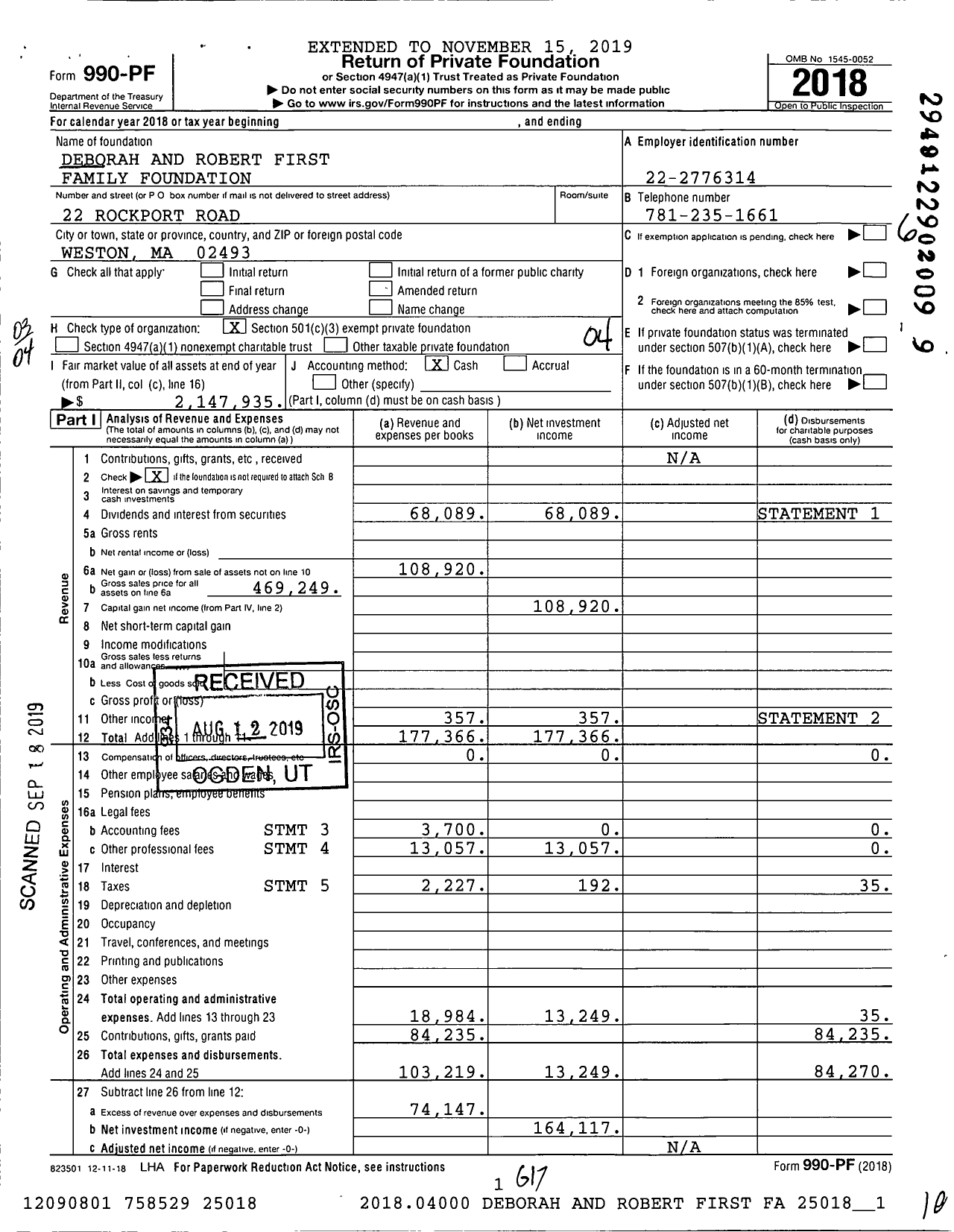 Image of first page of 2018 Form 990PF for Deborah and Robert First Family Foundation