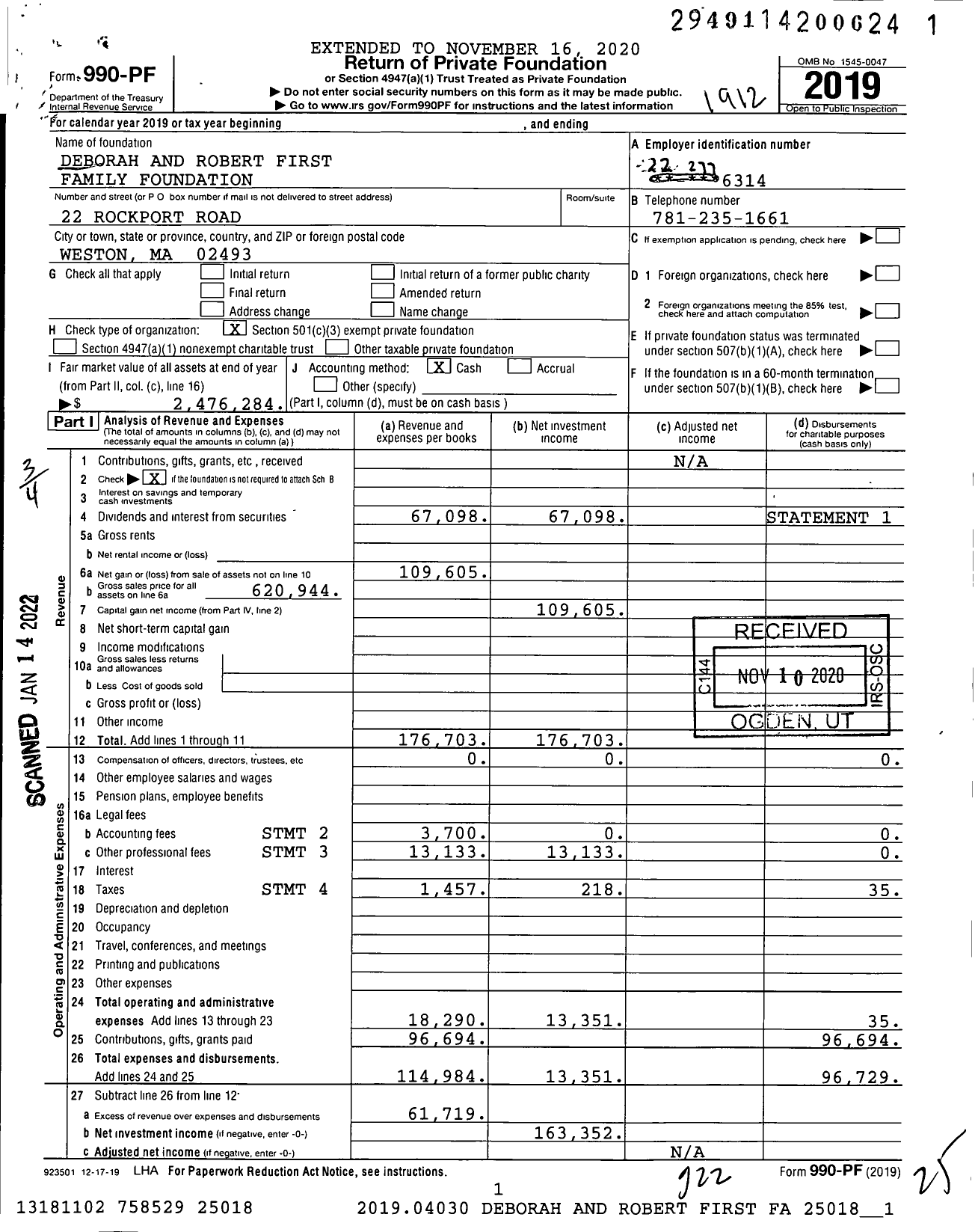 Image of first page of 2019 Form 990PF for Deborah and Robert First Family Foundation