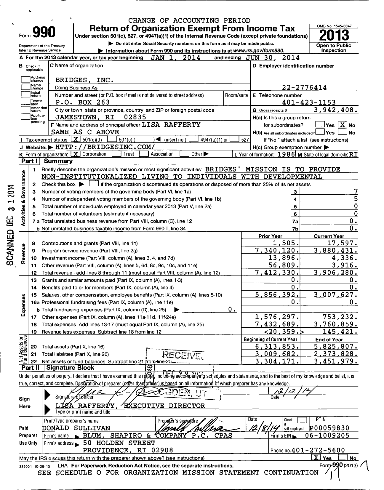 Image of first page of 2013 Form 990 for Bridges