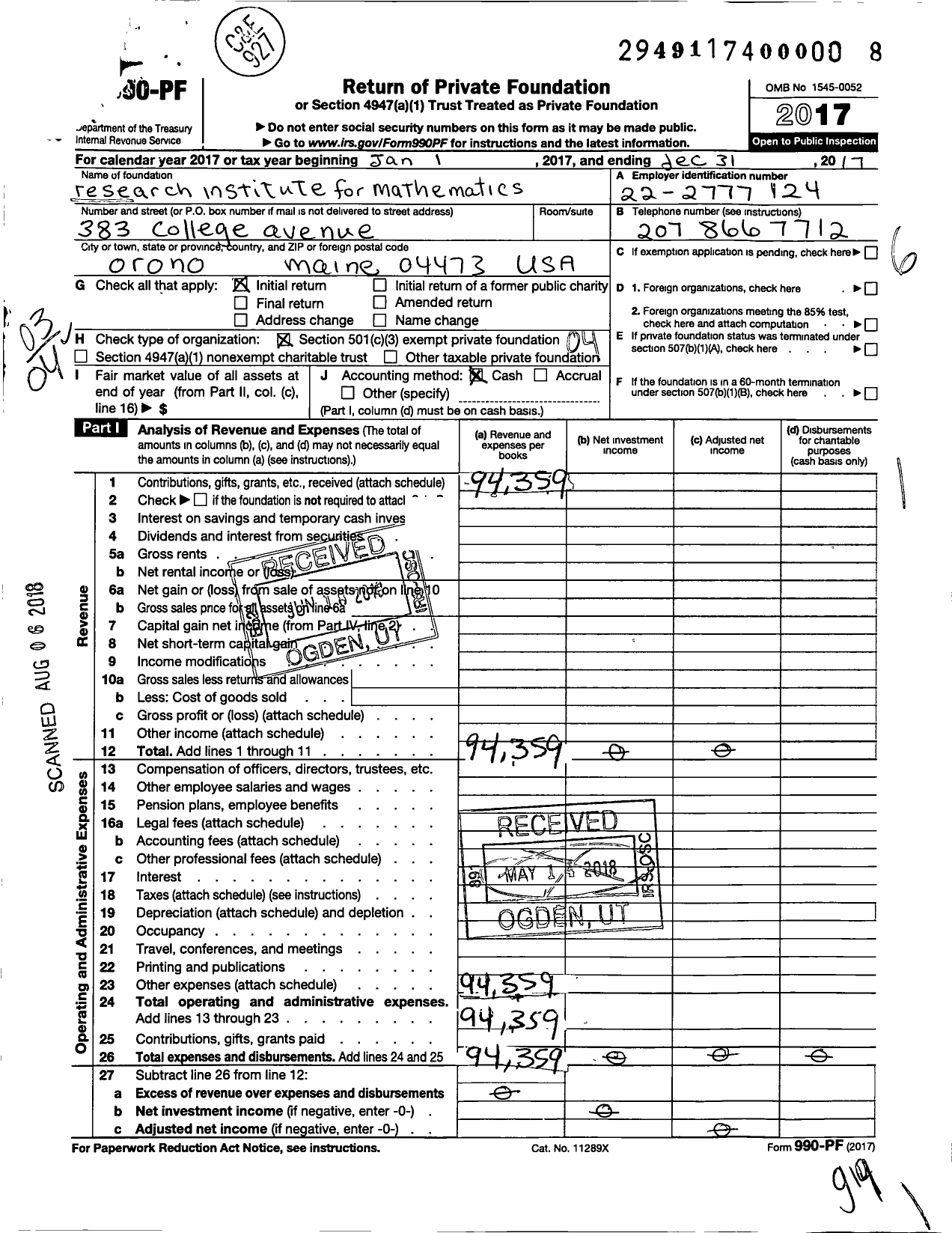 Image of first page of 2017 Form 990PF for Research Institute for Mathematics (RIM)