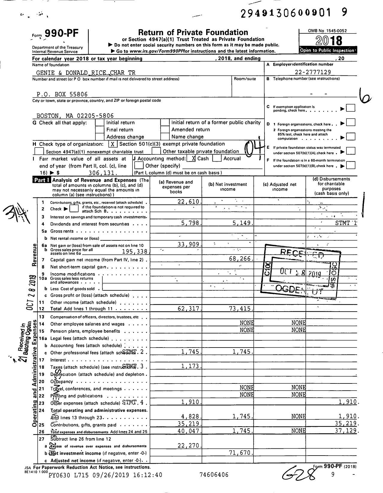 Image of first page of 2018 Form 990PF for Genie and Donald Rice Charitable Trust