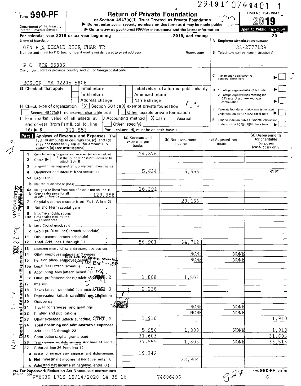 Image of first page of 2019 Form 990PF for Genie and Donald Rice Charitable Trust