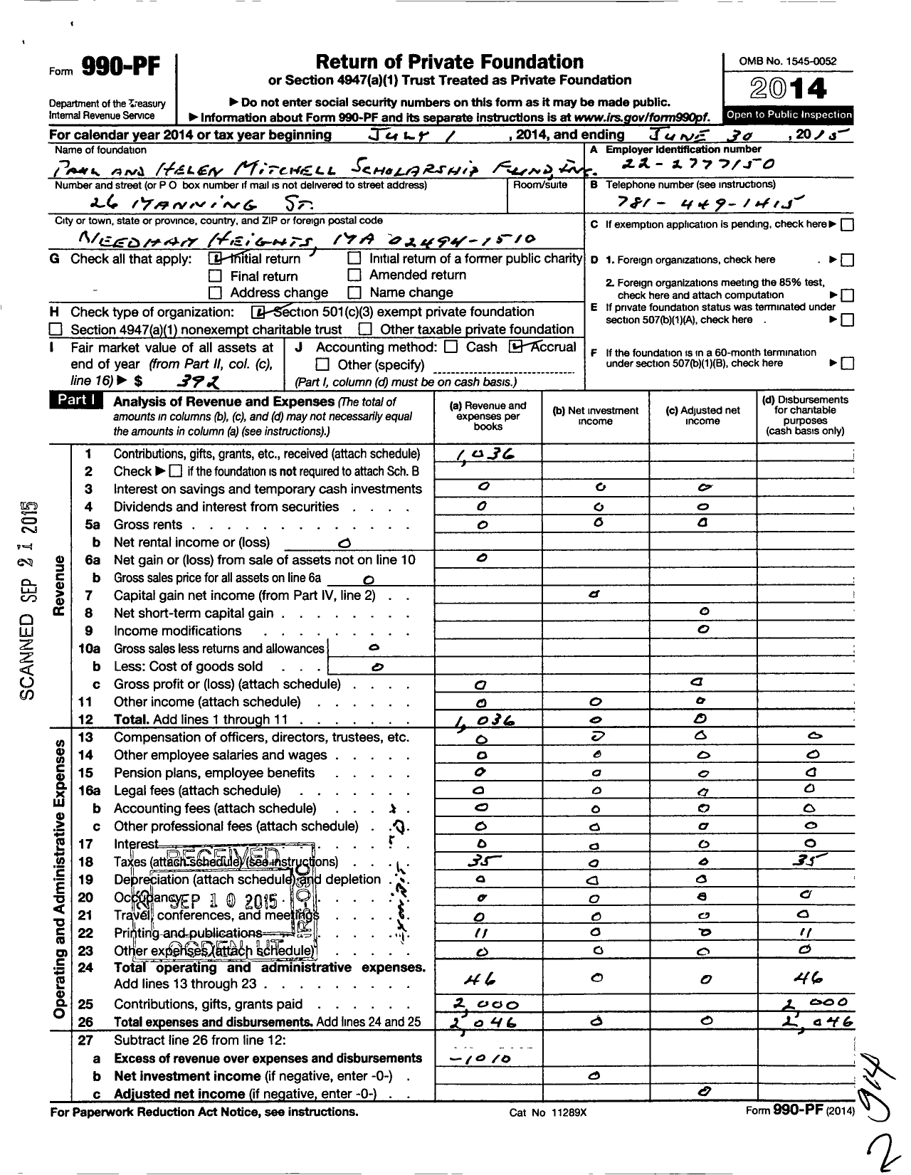 Image of first page of 2014 Form 990PF for Paul and Helen Mitchell Scholarship Fund