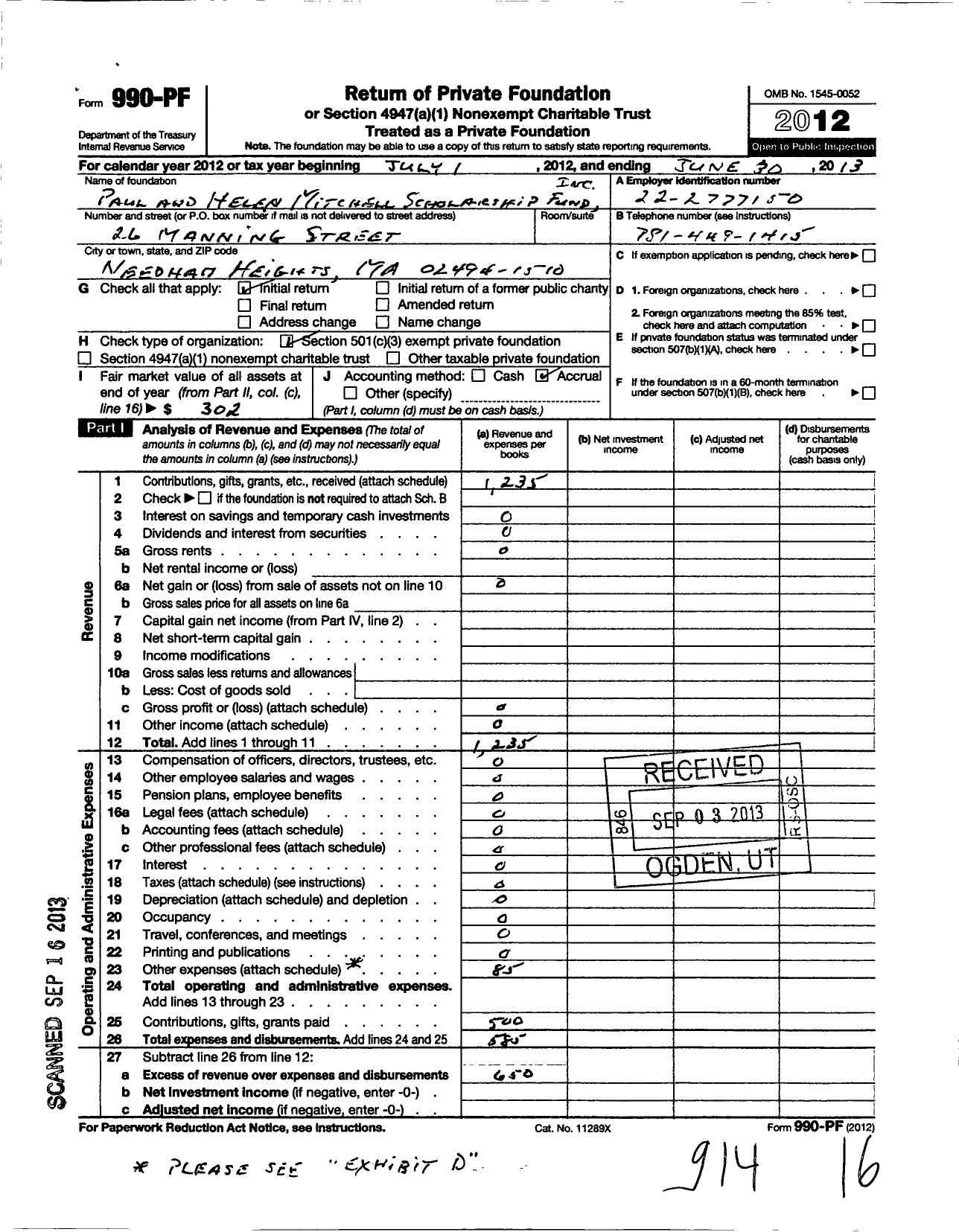 Image of first page of 2012 Form 990PF for Paul and Helen Mitchell Scholarship Fund