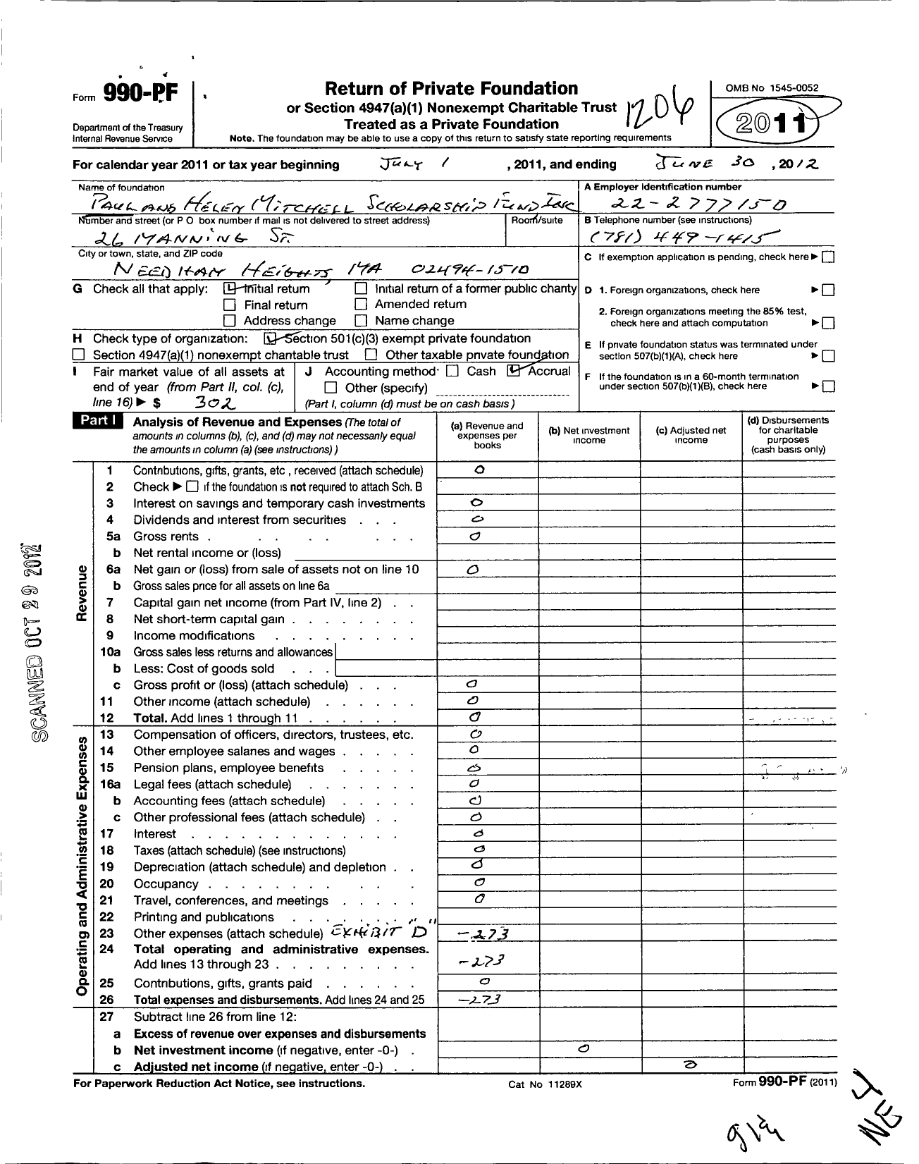 Image of first page of 2011 Form 990PF for Paul and Helen Mitchell Scholarship Fund