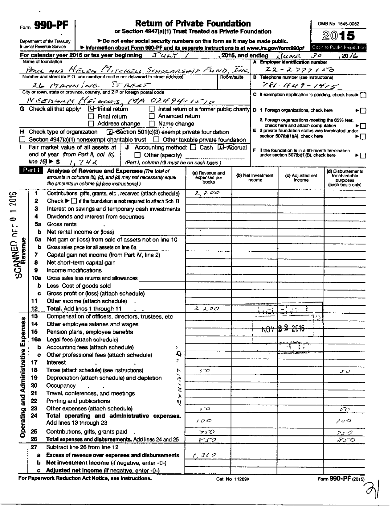 Image of first page of 2015 Form 990PF for Paul and Helen Mitchell Scholarship Fund