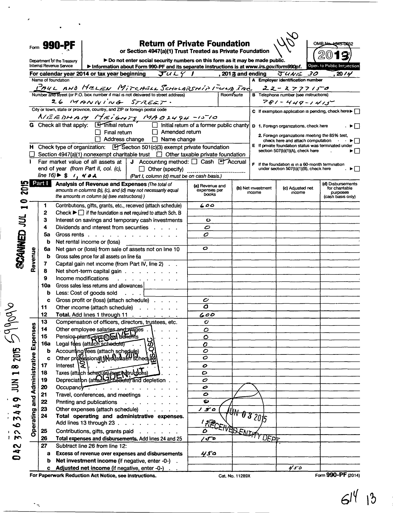 Image of first page of 2013 Form 990PF for Paul and Helen Mitchell Scholarship Fund