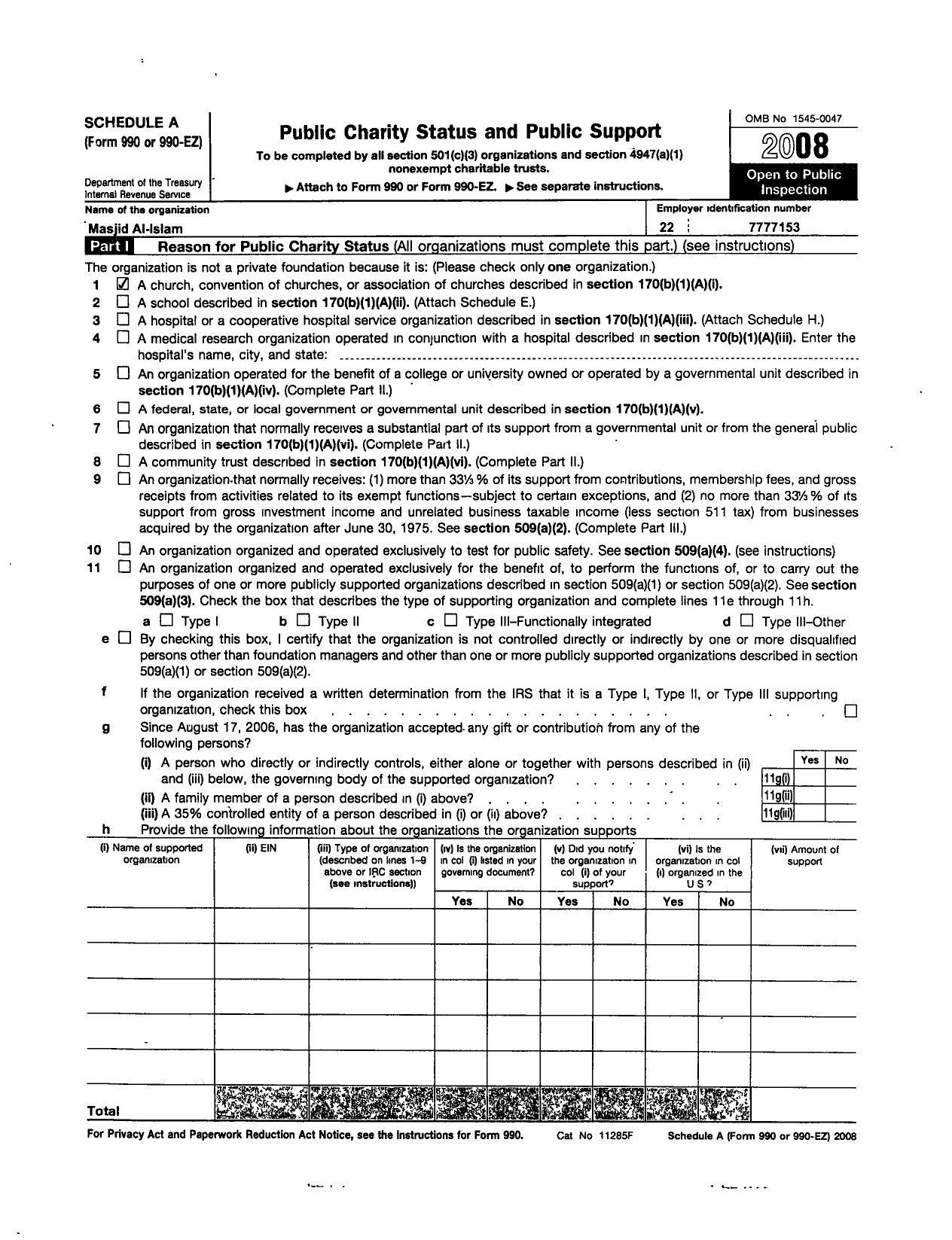 Image of first page of 2008 Form 990ER for Masjid Al Islam