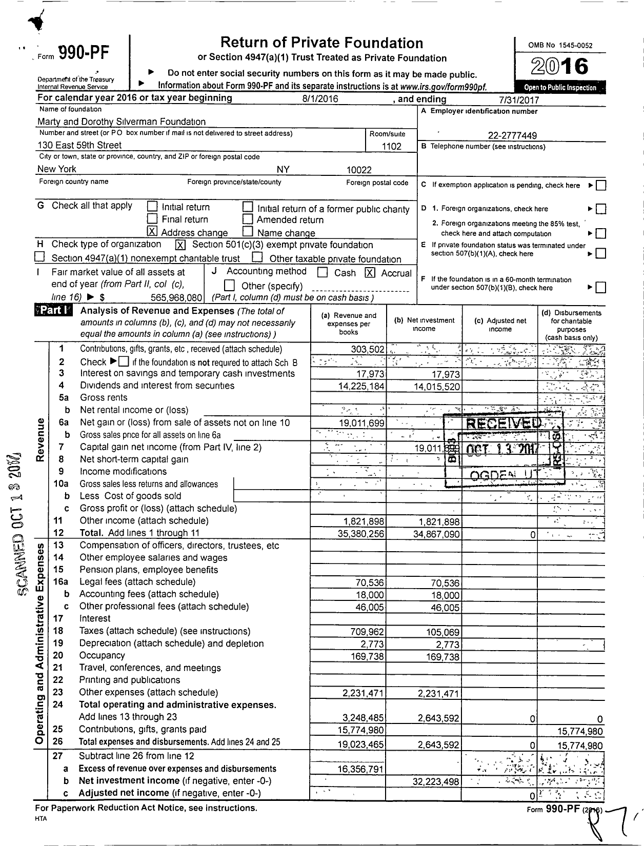 Image of first page of 2016 Form 990PF for Marty and Dorothy Silverman Foundation