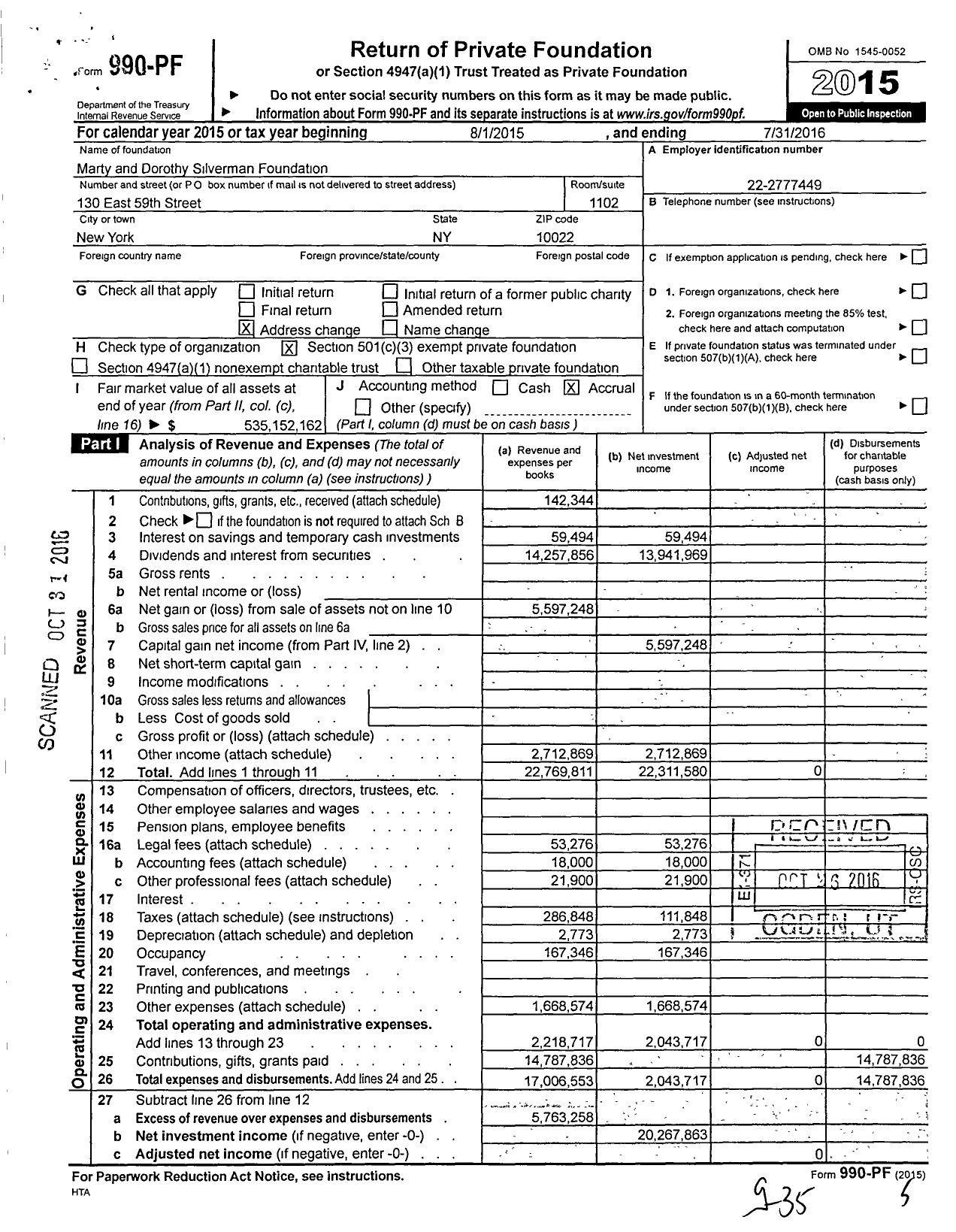 Image of first page of 2015 Form 990PF for Marty and Dorothy Silverman Foundation